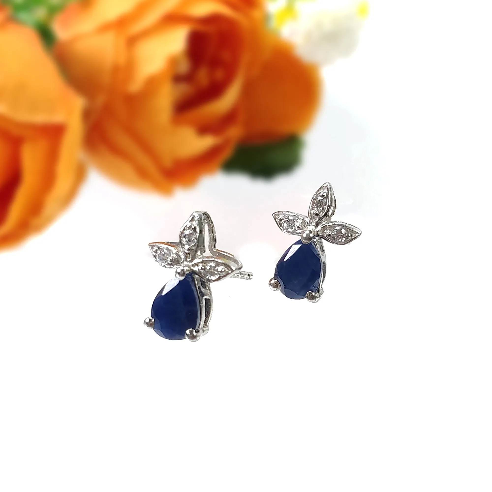 BLUE SAPPHIRE Gemstone CZ 925 Sterling Silver Earrings : 1.90gms Natural Designer Push Back Minimalist Earrings Gift For Her 0.66"