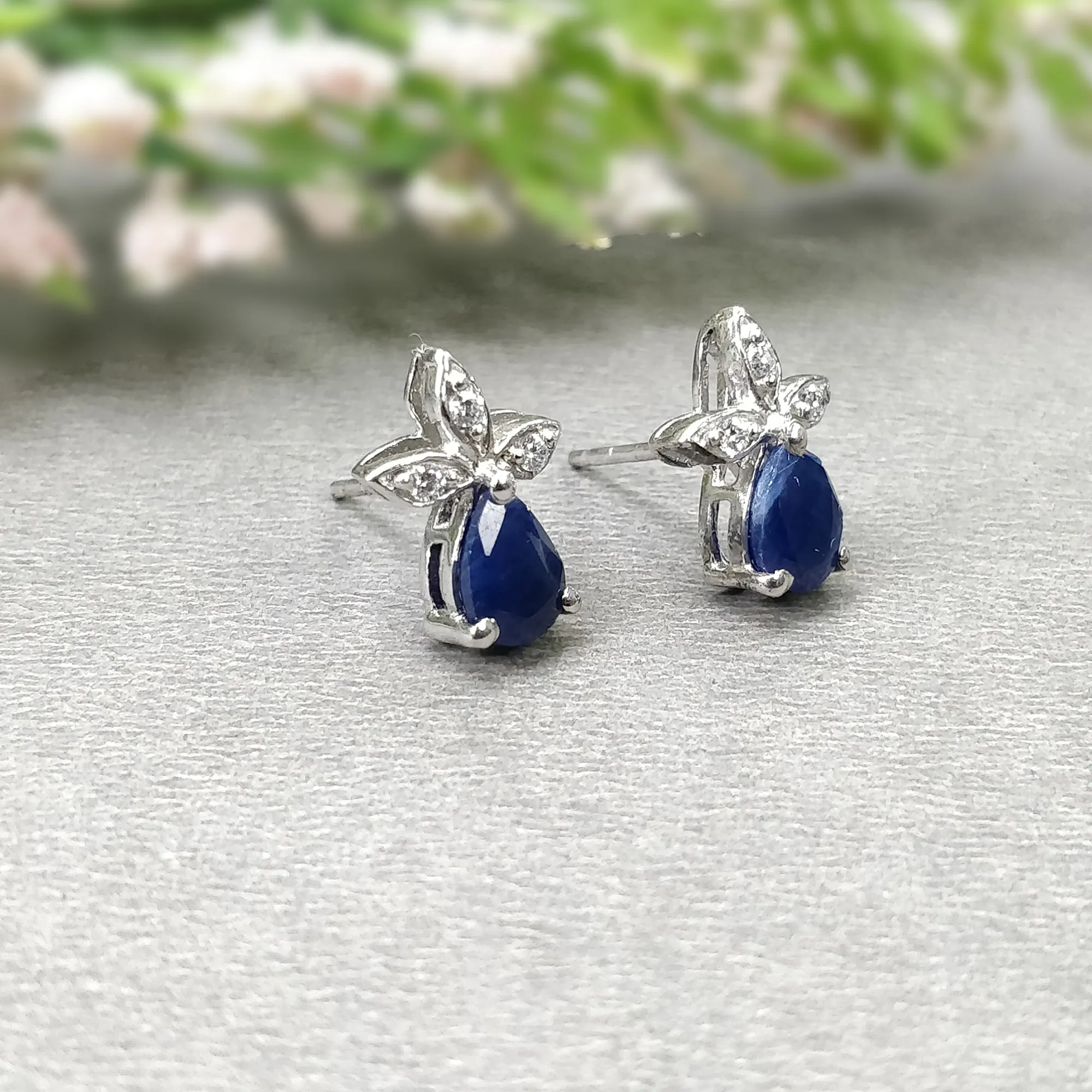 BLUE SAPPHIRE Gemstone CZ 925 Sterling Silver Earrings : 1.90gms Natural Designer Push Back Minimalist Earrings Gift For Her 0.66"