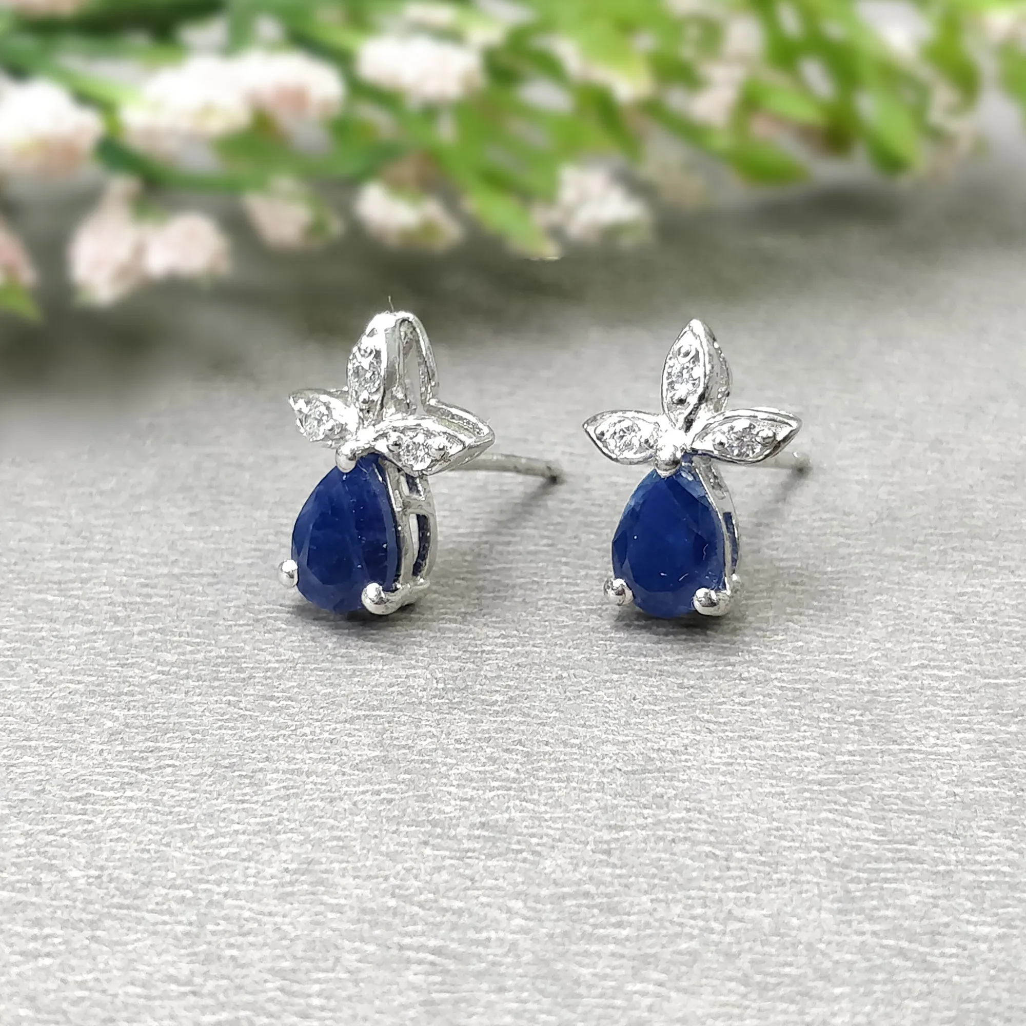 BLUE SAPPHIRE Gemstone CZ 925 Sterling Silver Earrings : 1.90gms Natural Designer Push Back Minimalist Earrings Gift For Her 0.66"