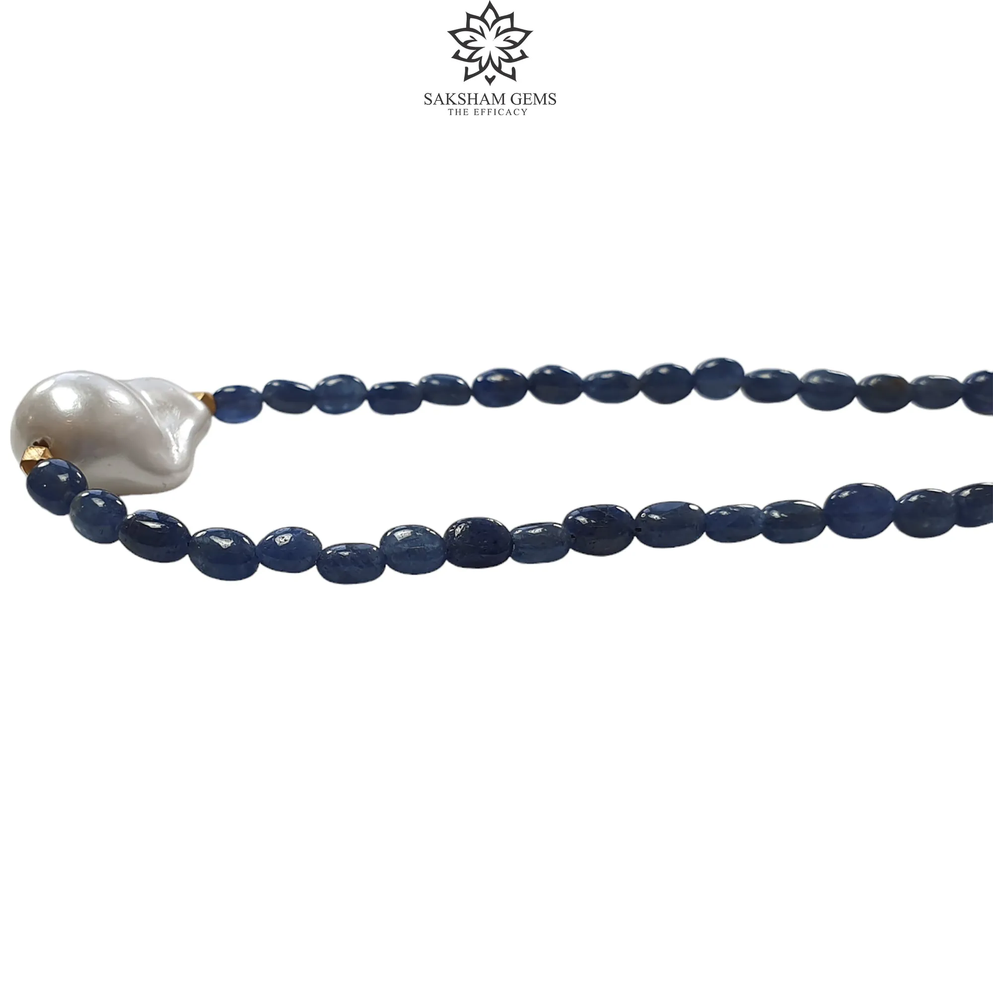 Blue Sapphire Gemstone NECKLACE : 19.30gms Natural Oval Shape Sapphire With Brass Beaded Necklace 20"