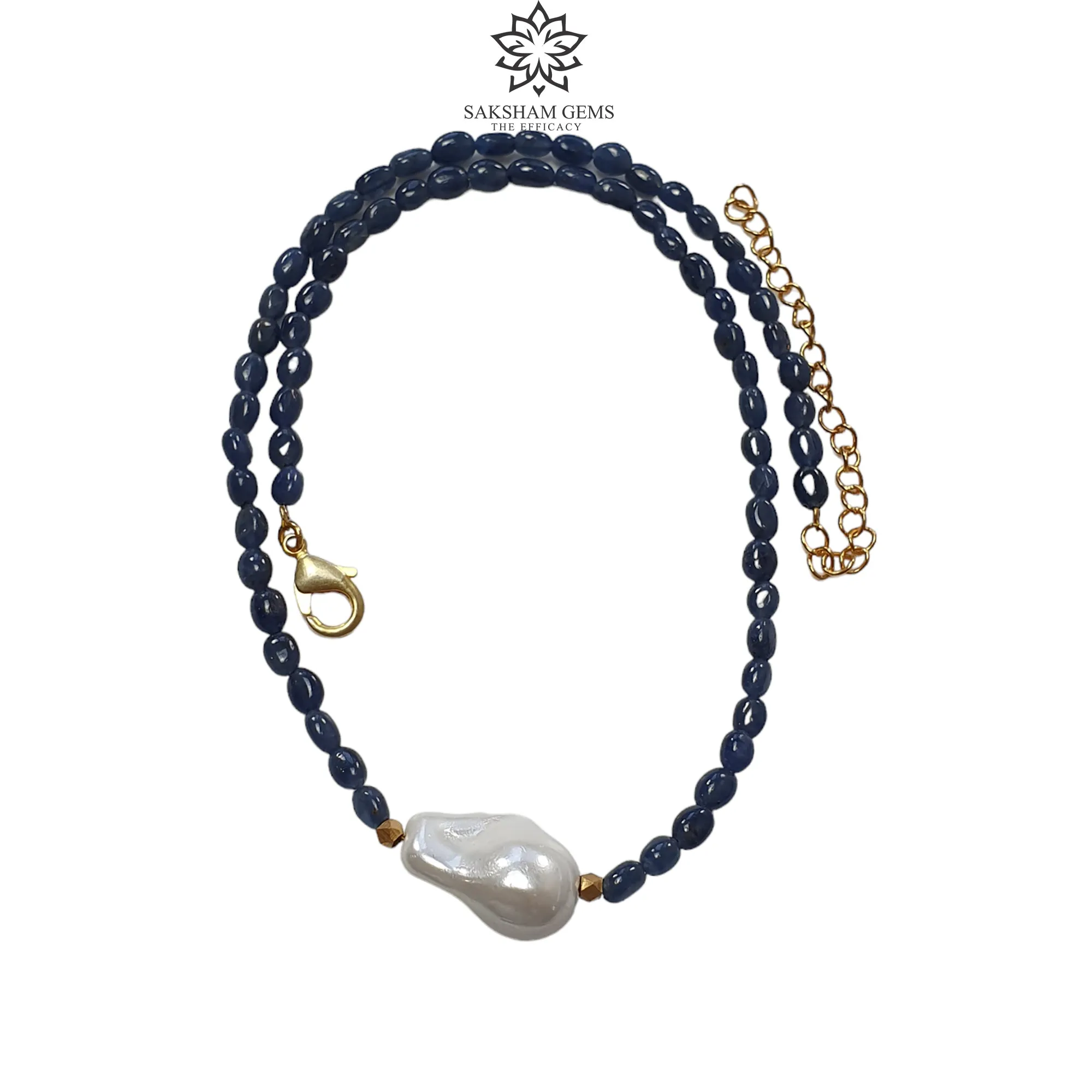 Blue Sapphire Gemstone NECKLACE : 19.30gms Natural Oval Shape Sapphire With Brass Beaded Necklace 20"