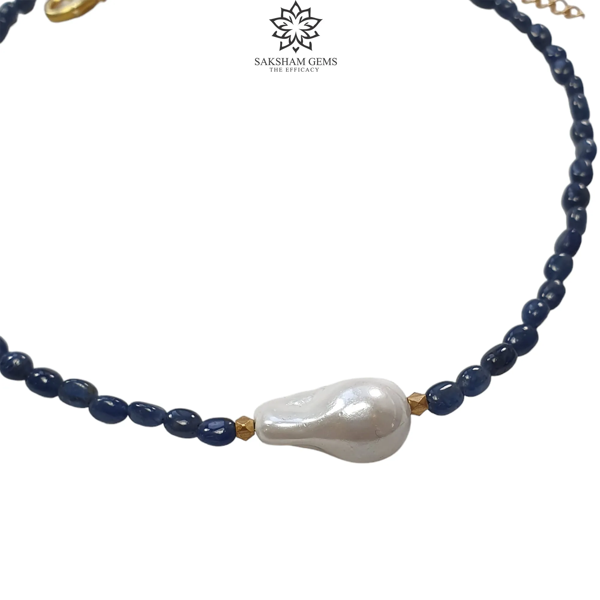 Blue Sapphire Gemstone NECKLACE : 19.30gms Natural Oval Shape Sapphire With Brass Beaded Necklace 20"