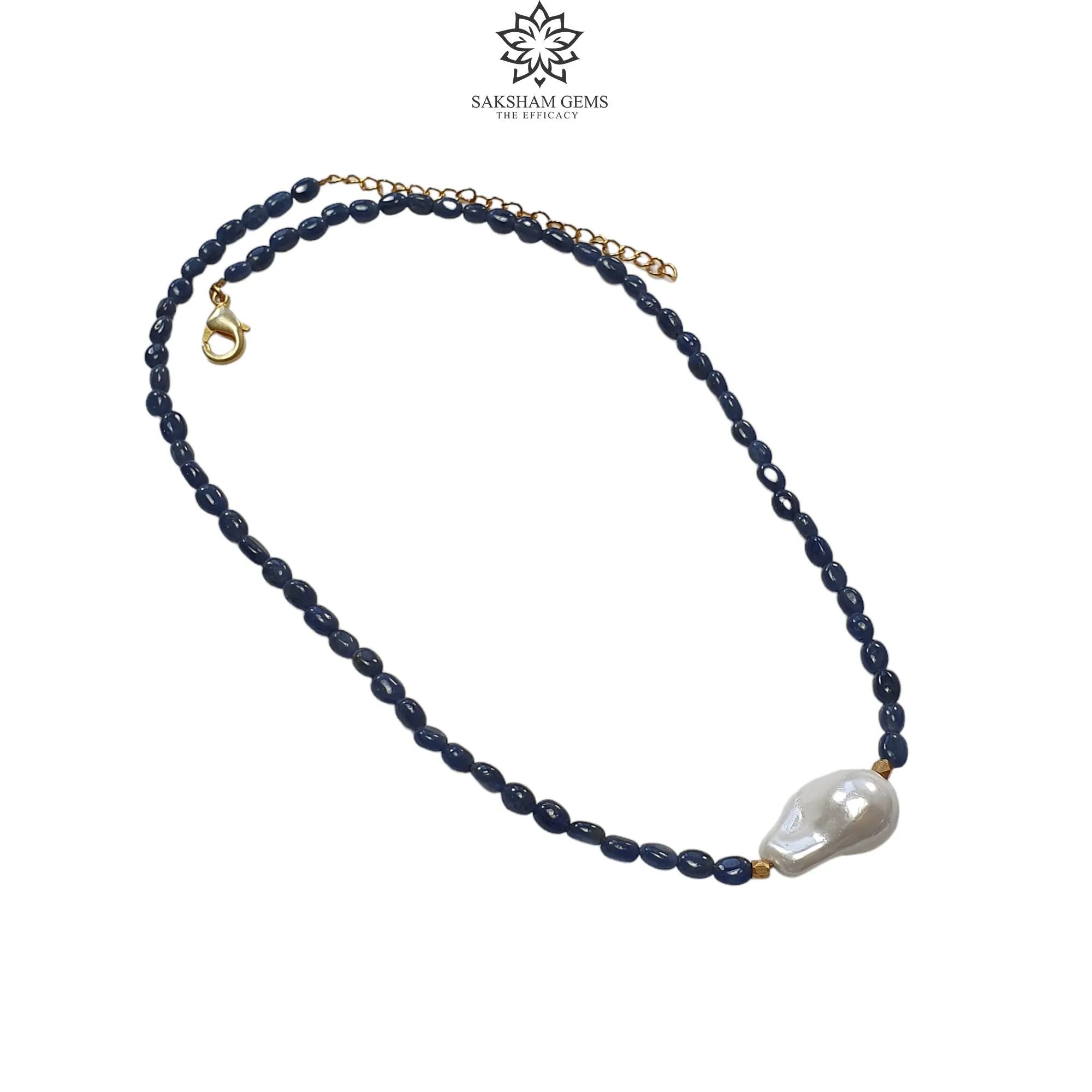 Blue Sapphire Gemstone NECKLACE : 19.30gms Natural Oval Shape Sapphire With Brass Beaded Necklace 20"