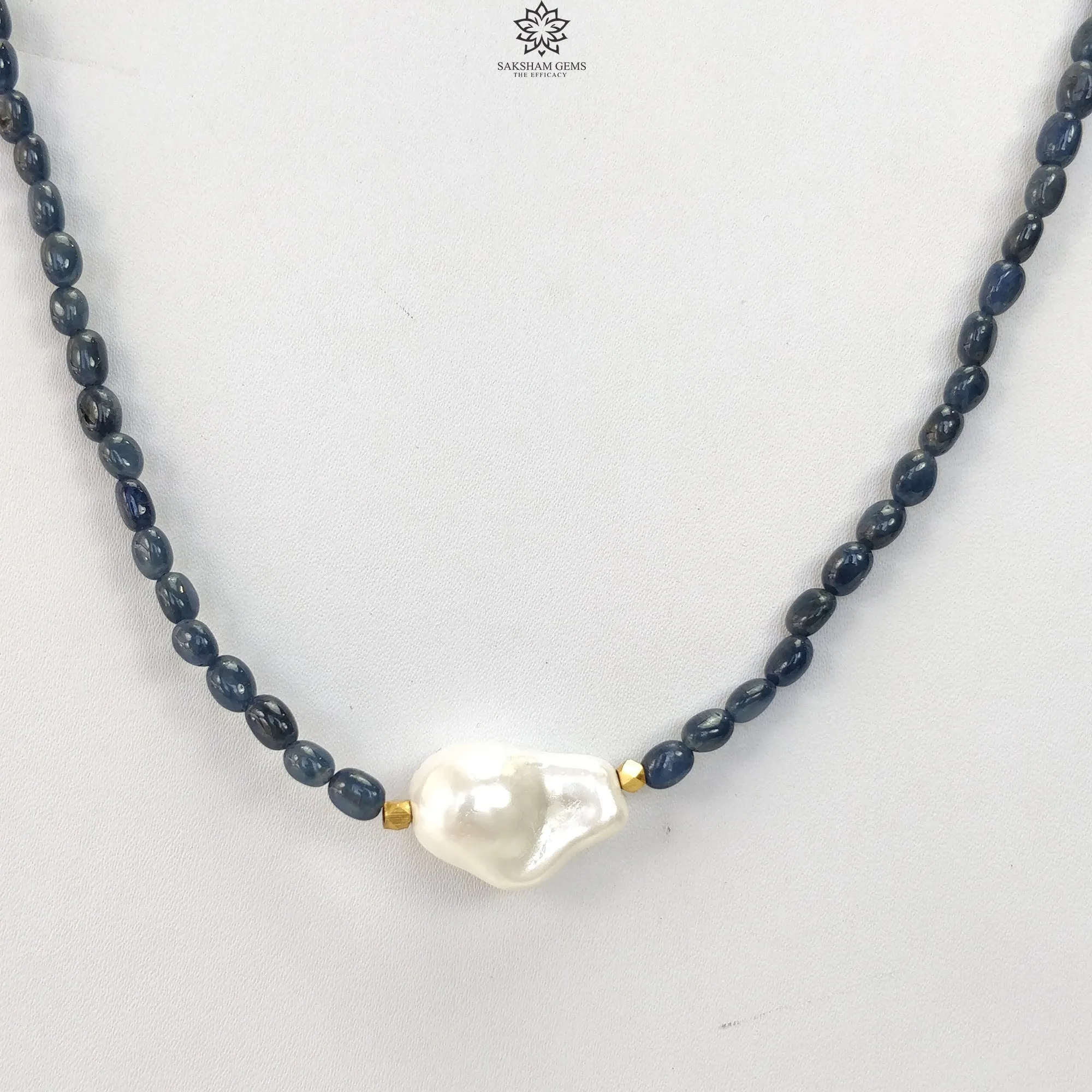 Blue Sapphire Gemstone NECKLACE : 19.30gms Natural Oval Shape Sapphire With Brass Beaded Necklace 20"