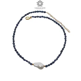 Blue Sapphire Gemstone NECKLACE : 19.30gms Natural Oval Shape Sapphire With Brass Beaded Necklace 20"