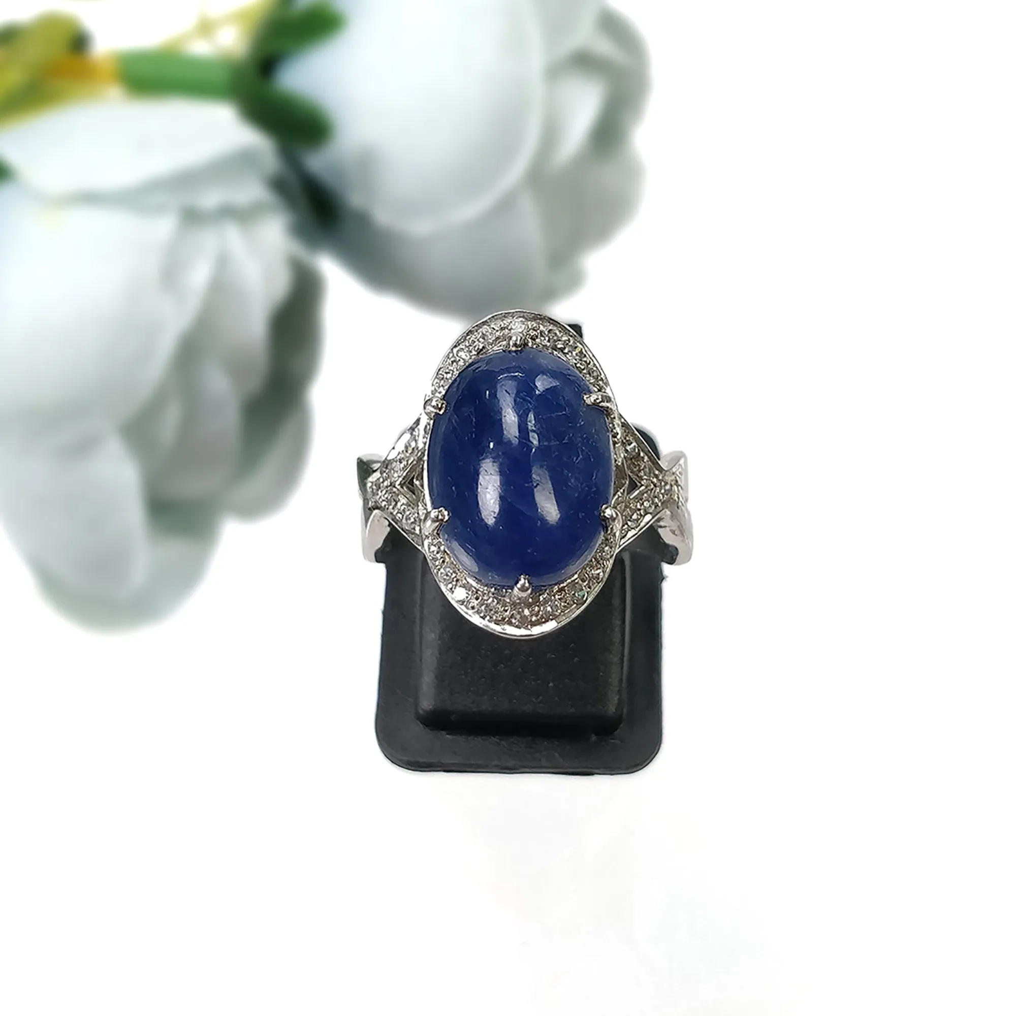 Blue SAPPHIRE Gemstone With CZ RING : 6.37gms 925 Sterling Silver Natural Sapphire Oval Cabochon Prong Set Unisex Ring 7.5US