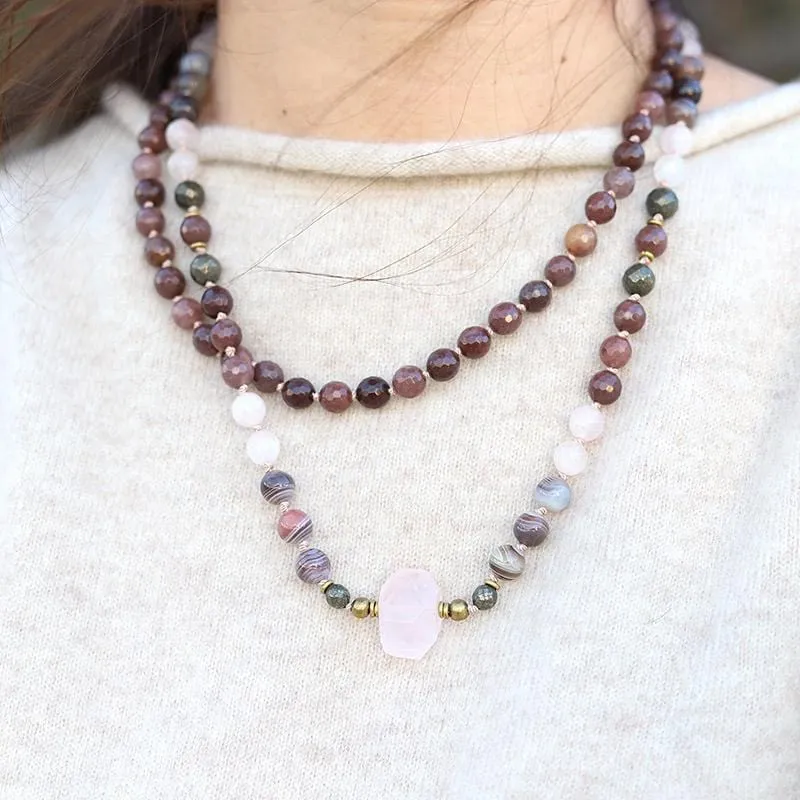 Botswana Agate Rose Quartz and Purple Aventurine Hand Knotted Mala