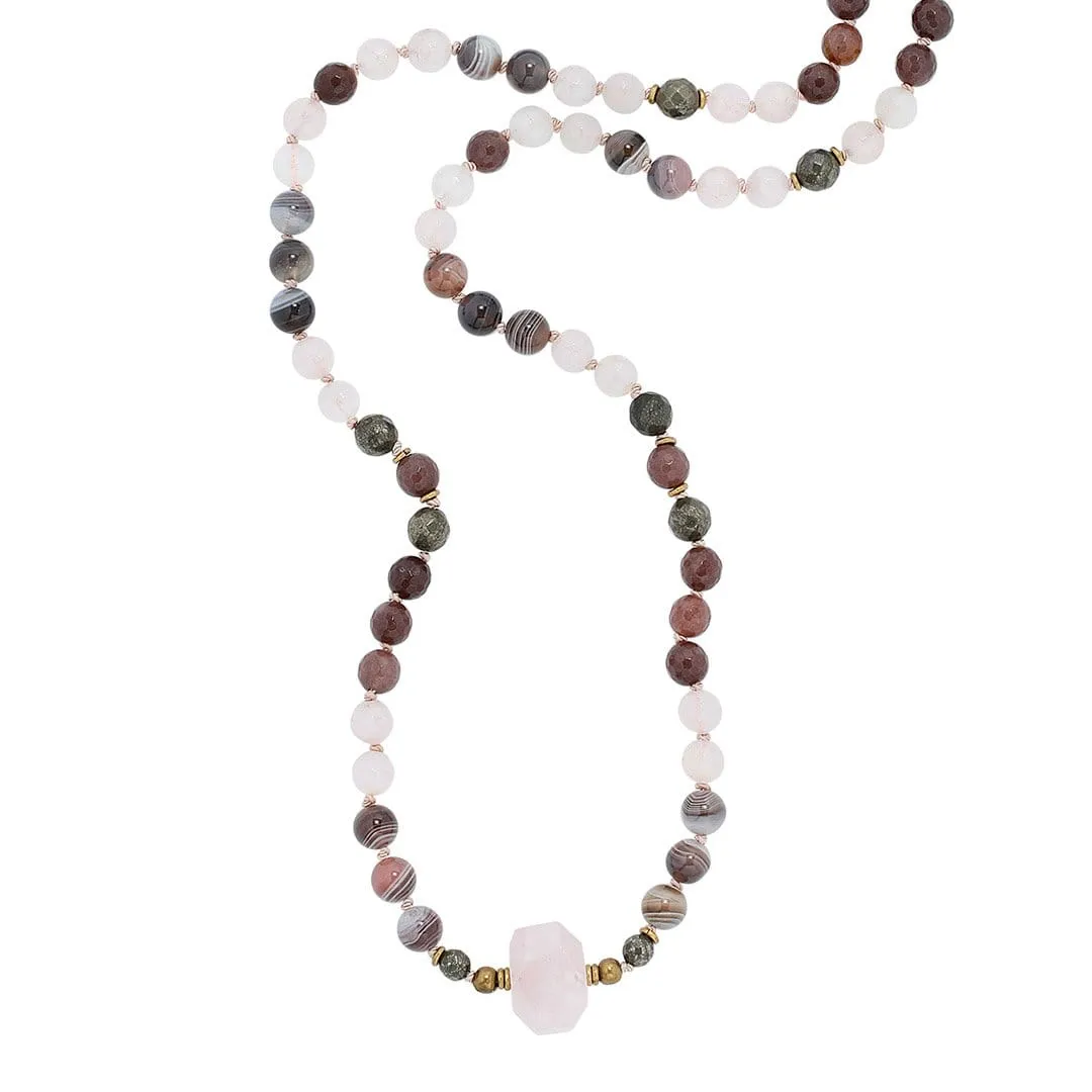 Botswana Agate Rose Quartz and Purple Aventurine Hand Knotted Mala