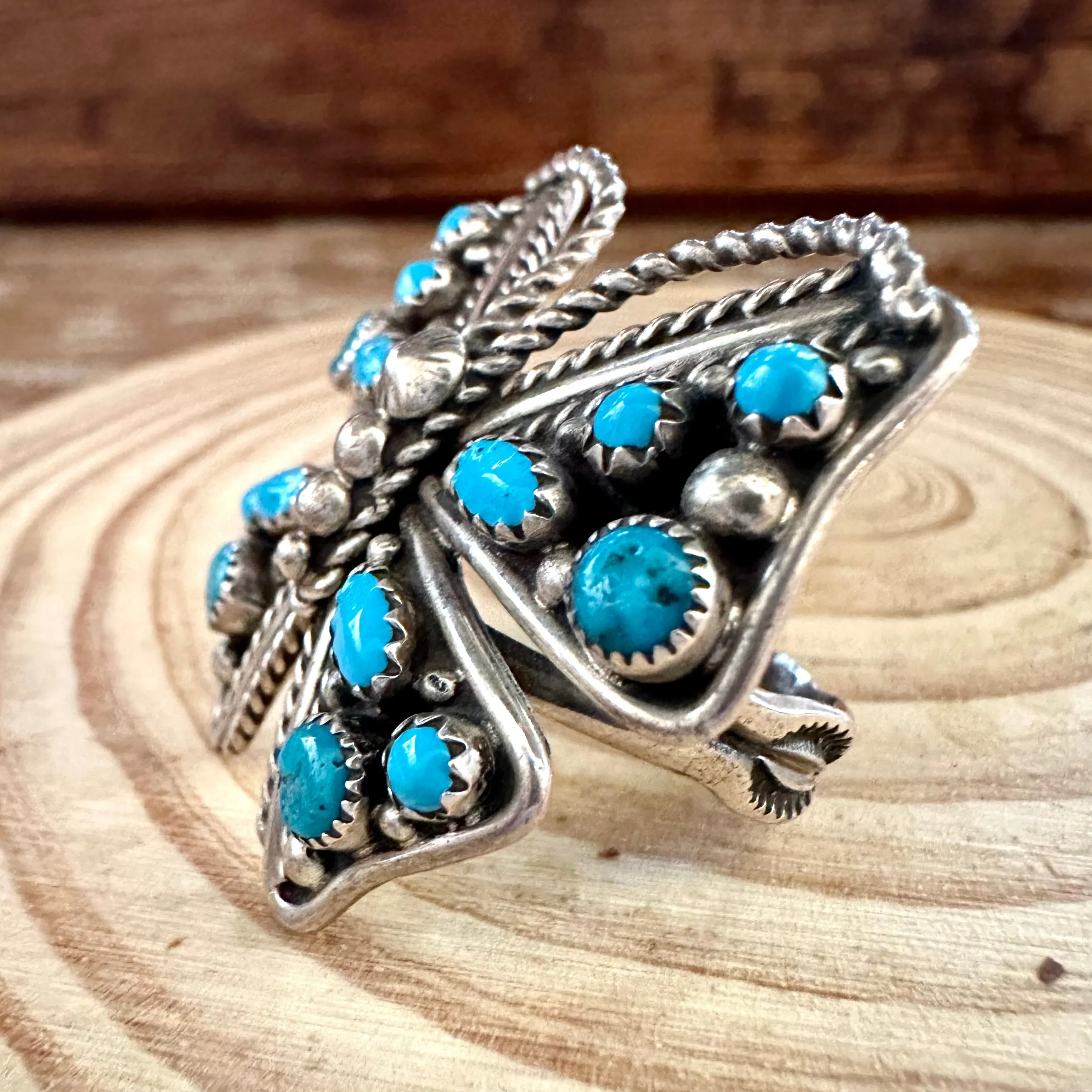 BRIGHT BUTTERFLY Large Navajo Turquoise Stone and Sterling Silver Ring  Size 9