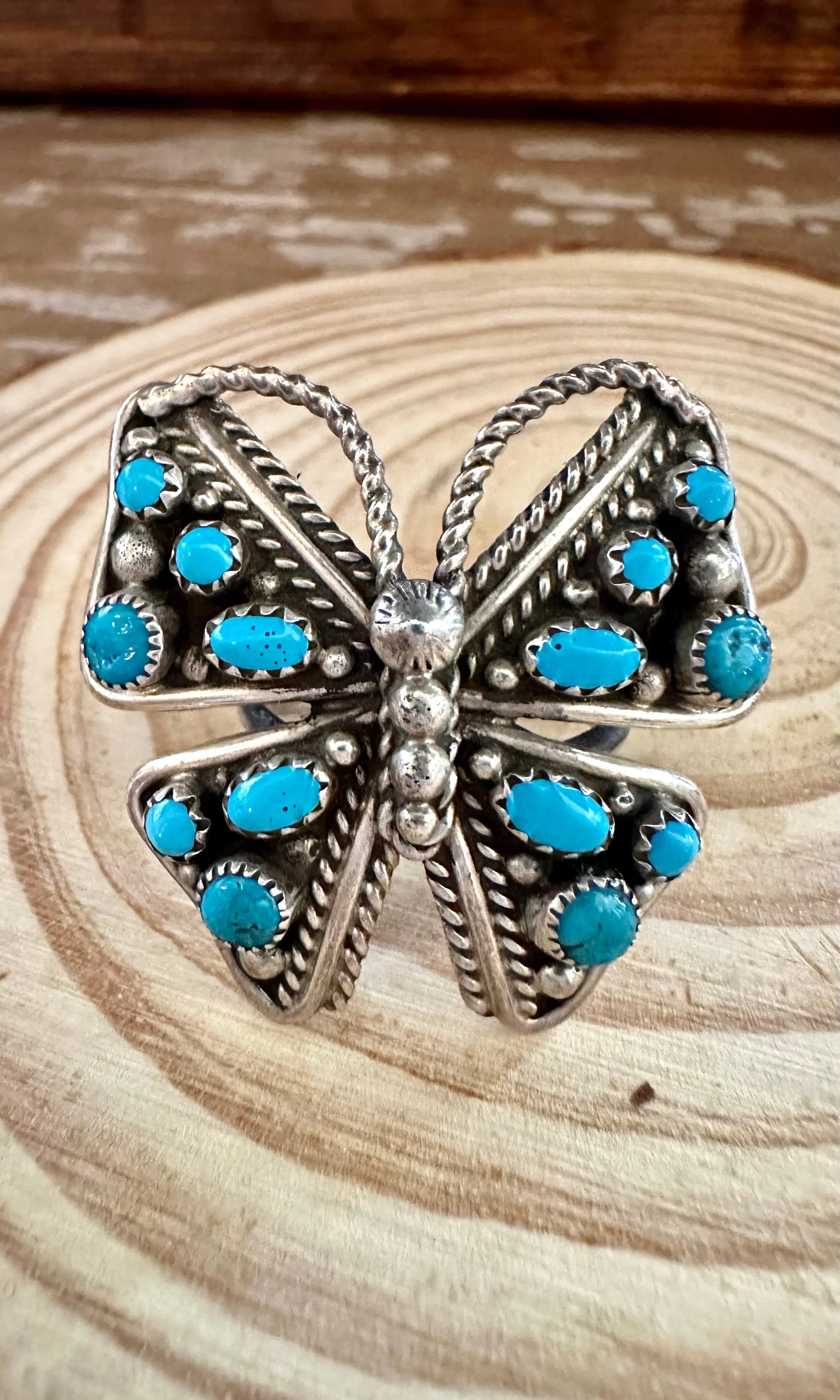 BRIGHT BUTTERFLY Large Navajo Turquoise Stone and Sterling Silver Ring  Size 9