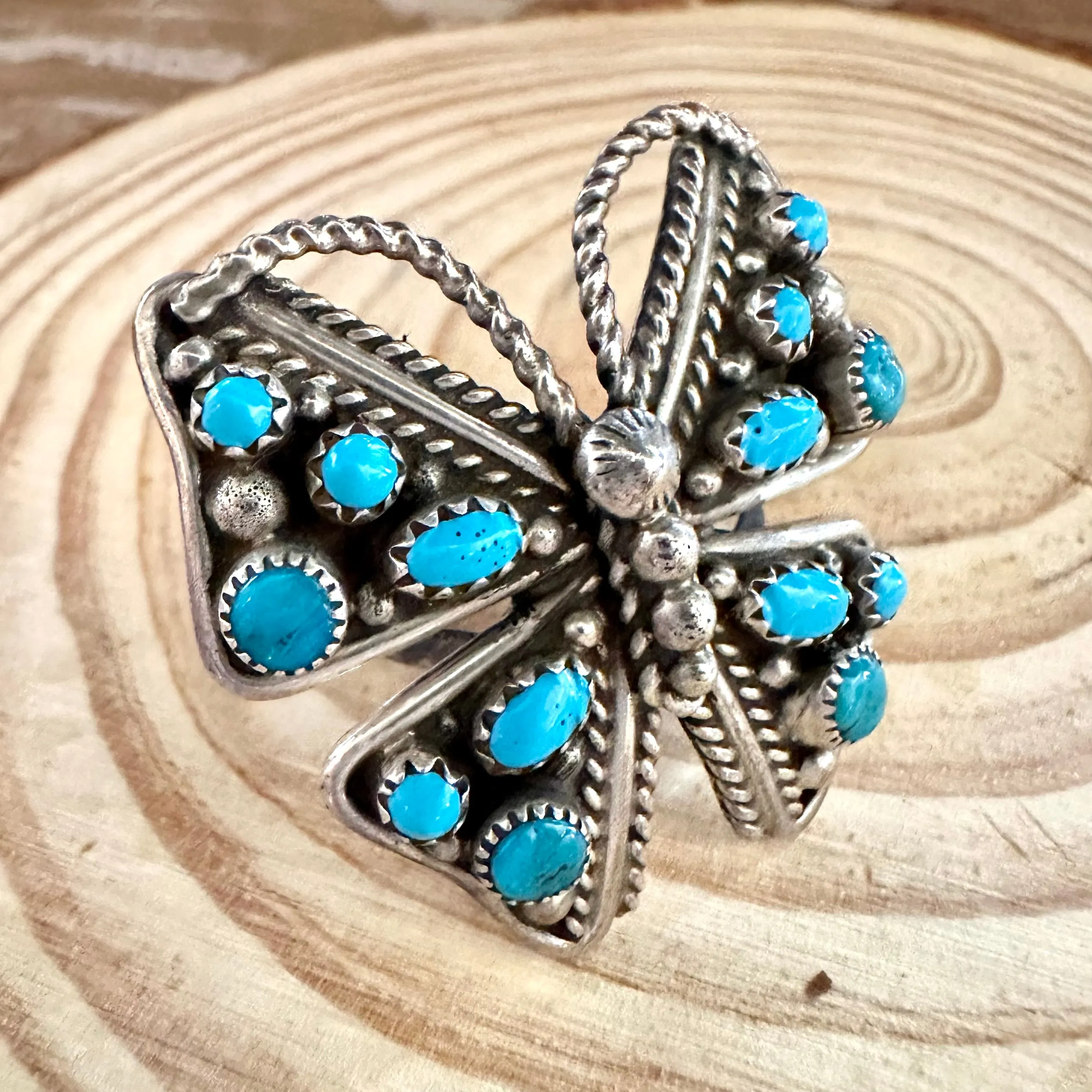 BRIGHT BUTTERFLY Large Navajo Turquoise Stone and Sterling Silver Ring  Size 9