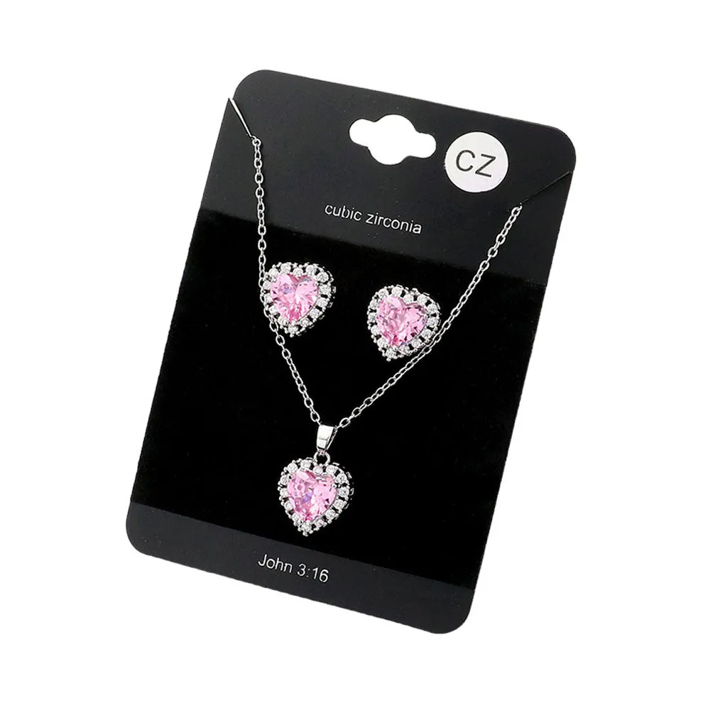 CZ Heart Pendant Necklace Earring Set