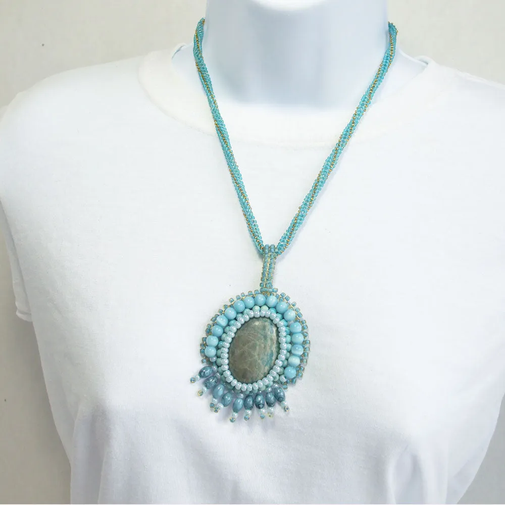 Dacey, Beaded Bezel Chrysocolla Cabochon, Pendant, Necklace