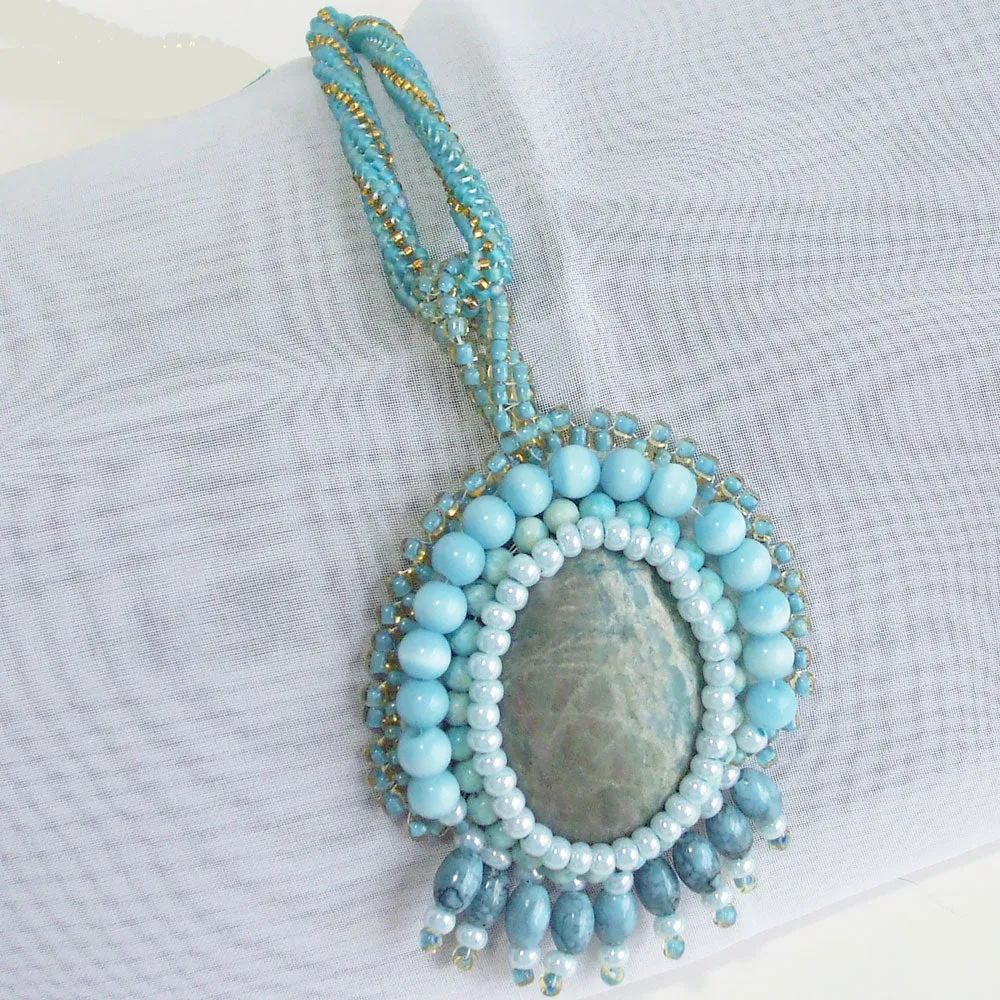 Dacey, Beaded Bezel Chrysocolla Cabochon, Pendant, Necklace