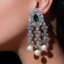 Dia Statement Waterfall Pearl Earrings Emerald By Jaipur Rose Luxury Indian Jewelry Online