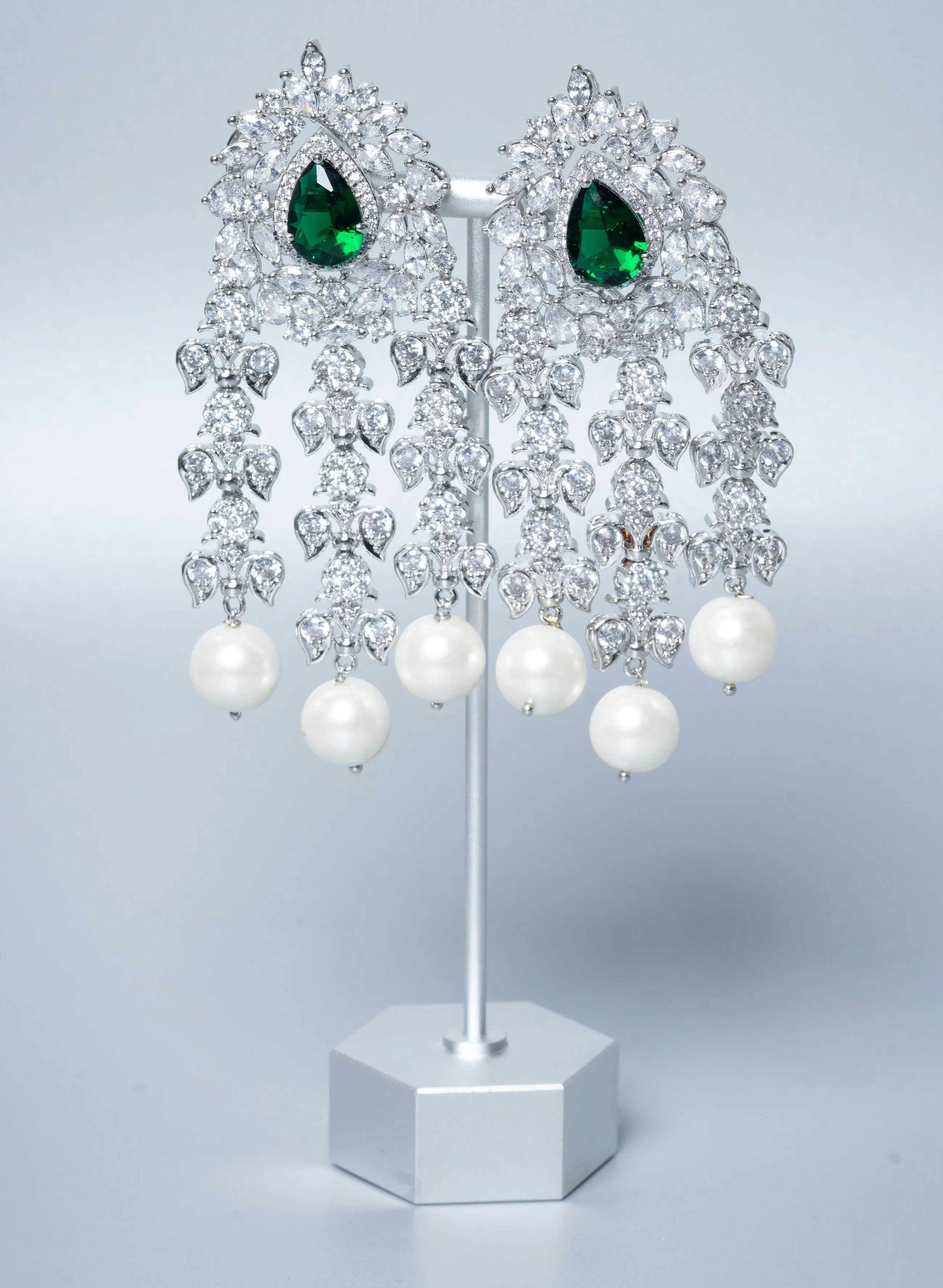 Dia Statement Waterfall Pearl Earrings Emerald By Jaipur Rose Luxury Indian Jewelry Online