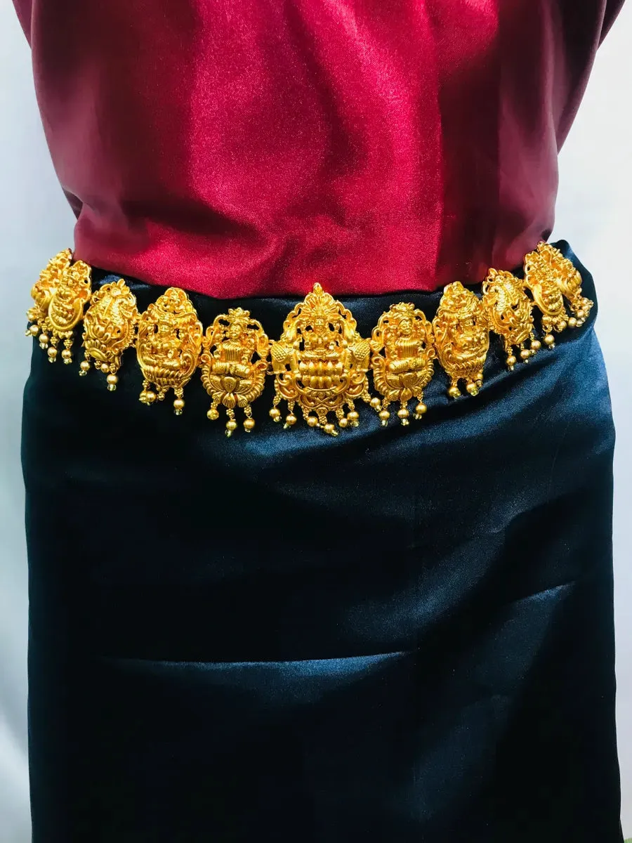 Elegant Matte Finished Antique Gold Temple Lakshmi Design Hip Chain With Beads Work