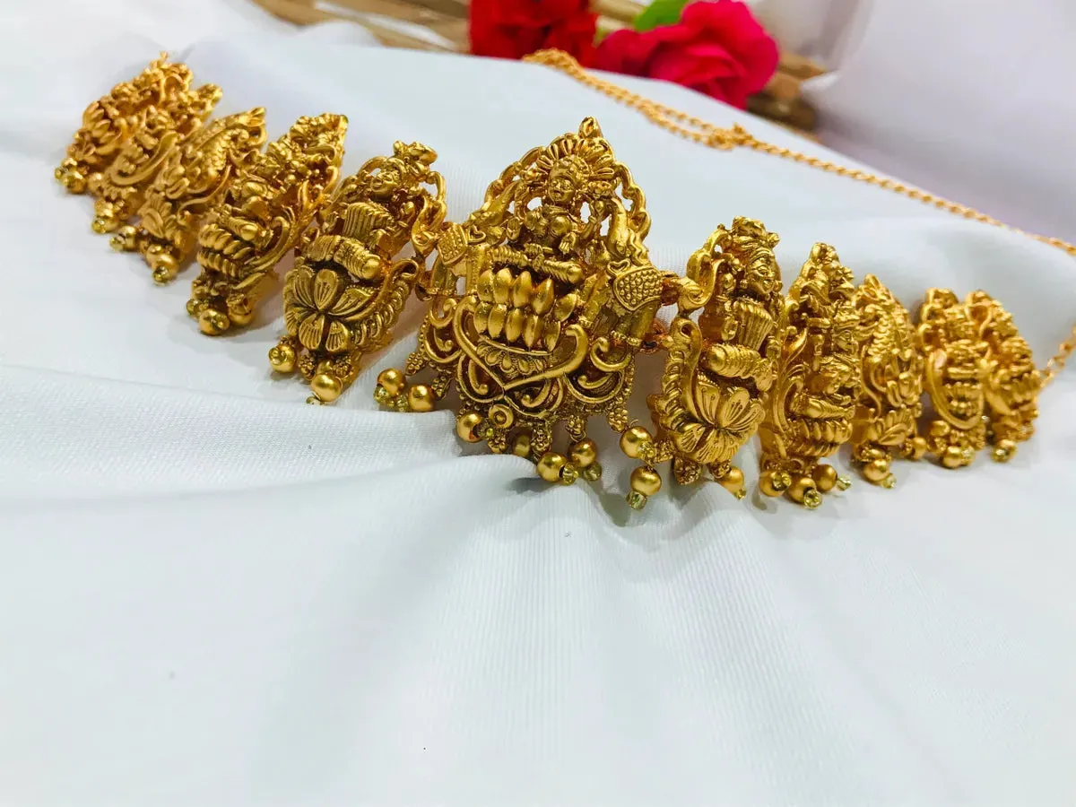 Elegant Matte Finished Antique Gold Temple Lakshmi Design Hip Chain With Beads Work