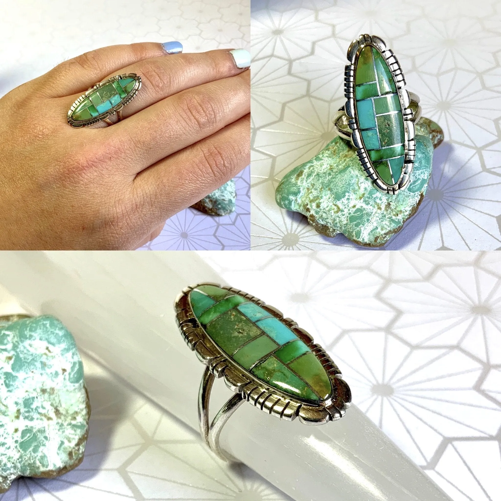 Elongated Green Turquoise Inlay Ring