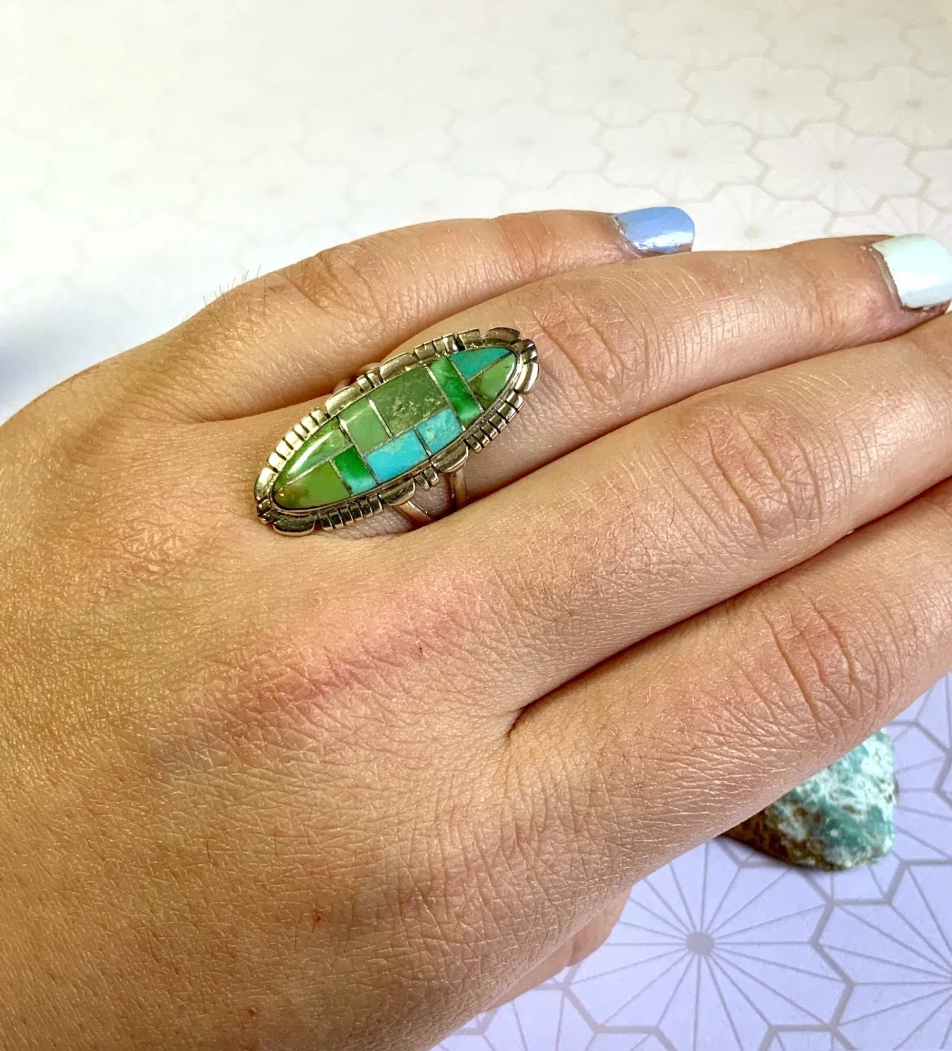 Elongated Green Turquoise Inlay Ring