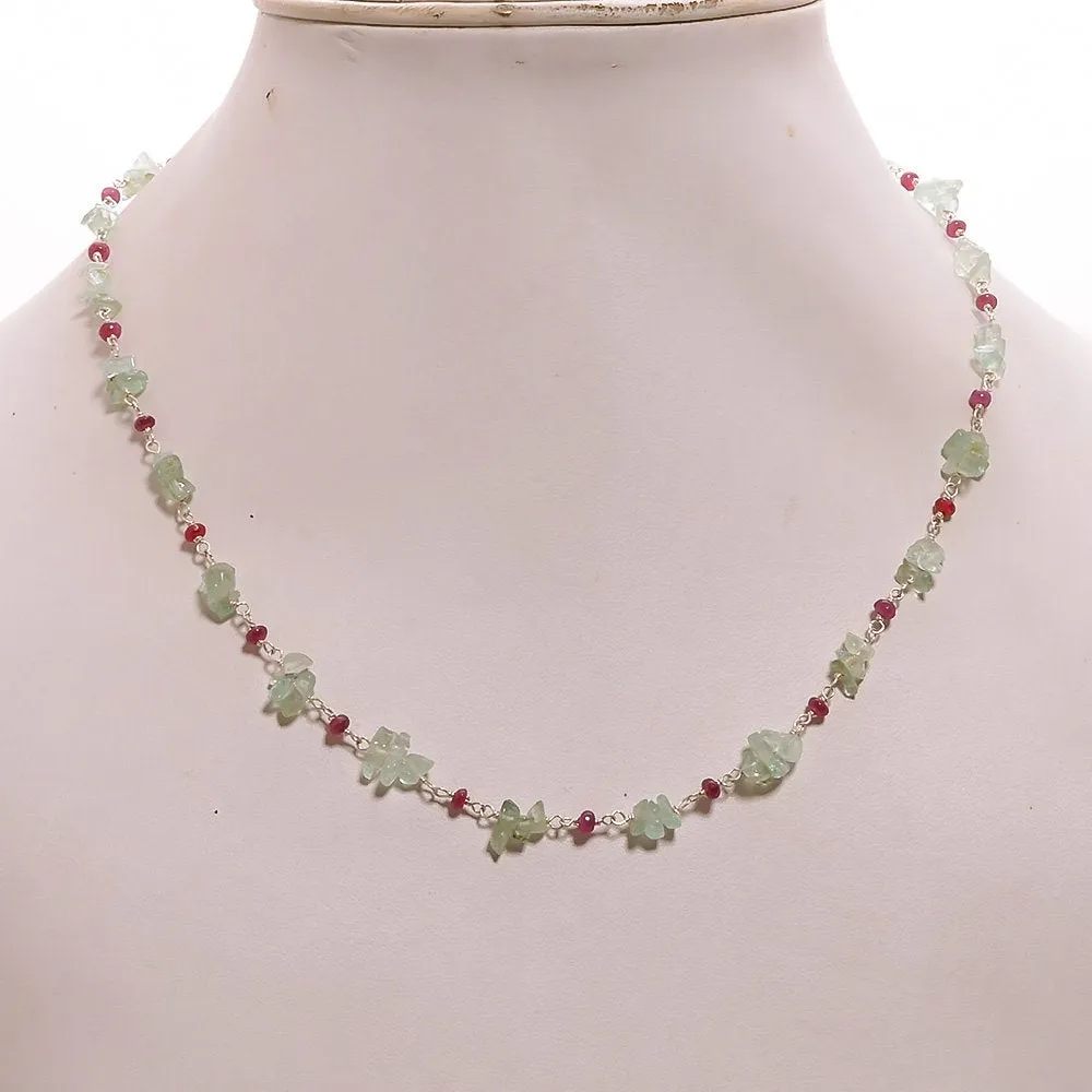 EMERALD And RUBY Gemstones Raw Uncut Beads : 925 Sterling Silver Natural Emerald Ruby Chain NECKLACE 16" Statement Gift For Her