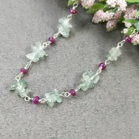 EMERALD And RUBY Gemstones Raw Uncut Beads : 925 Sterling Silver Natural Emerald Ruby Chain NECKLACE 16" Statement Gift For Her