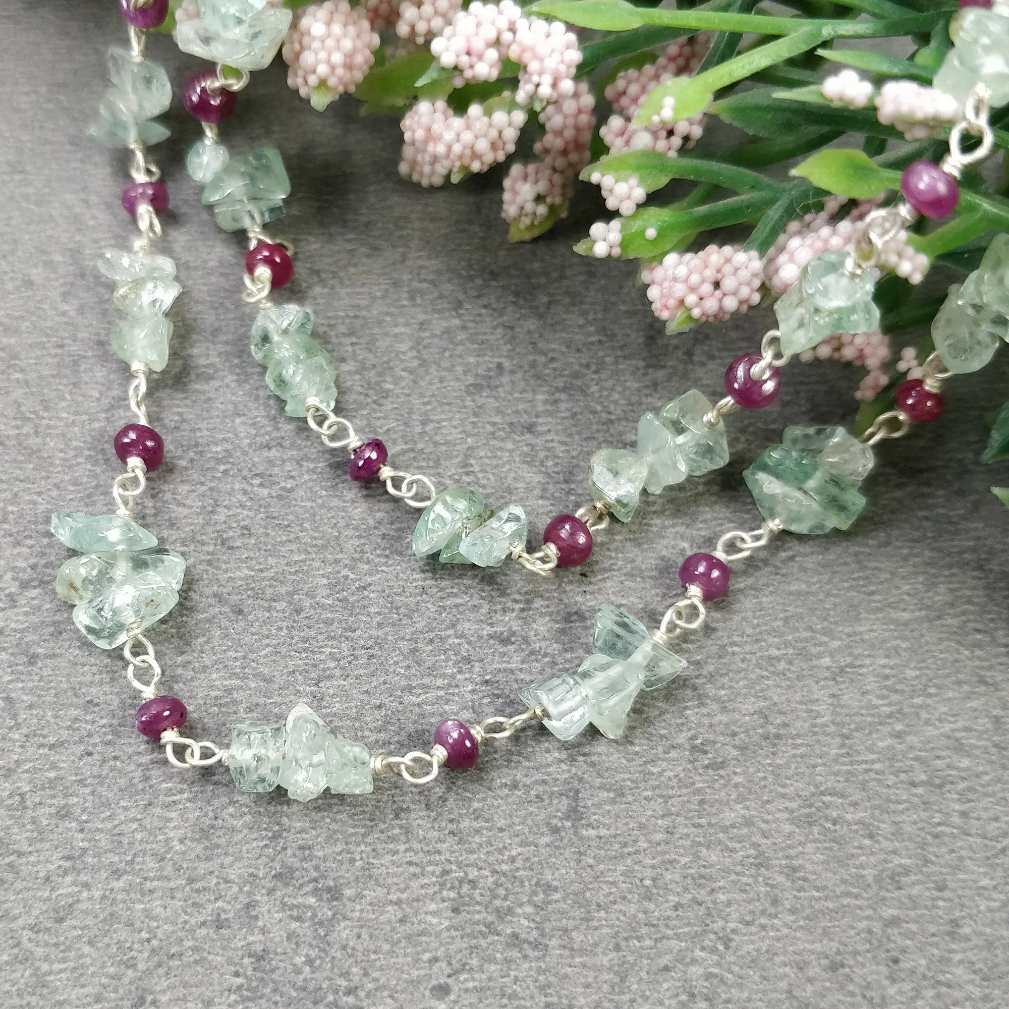 EMERALD And RUBY Gemstones Raw Uncut Beads : 925 Sterling Silver Natural Emerald Ruby Chain NECKLACE 16" Statement Gift For Her