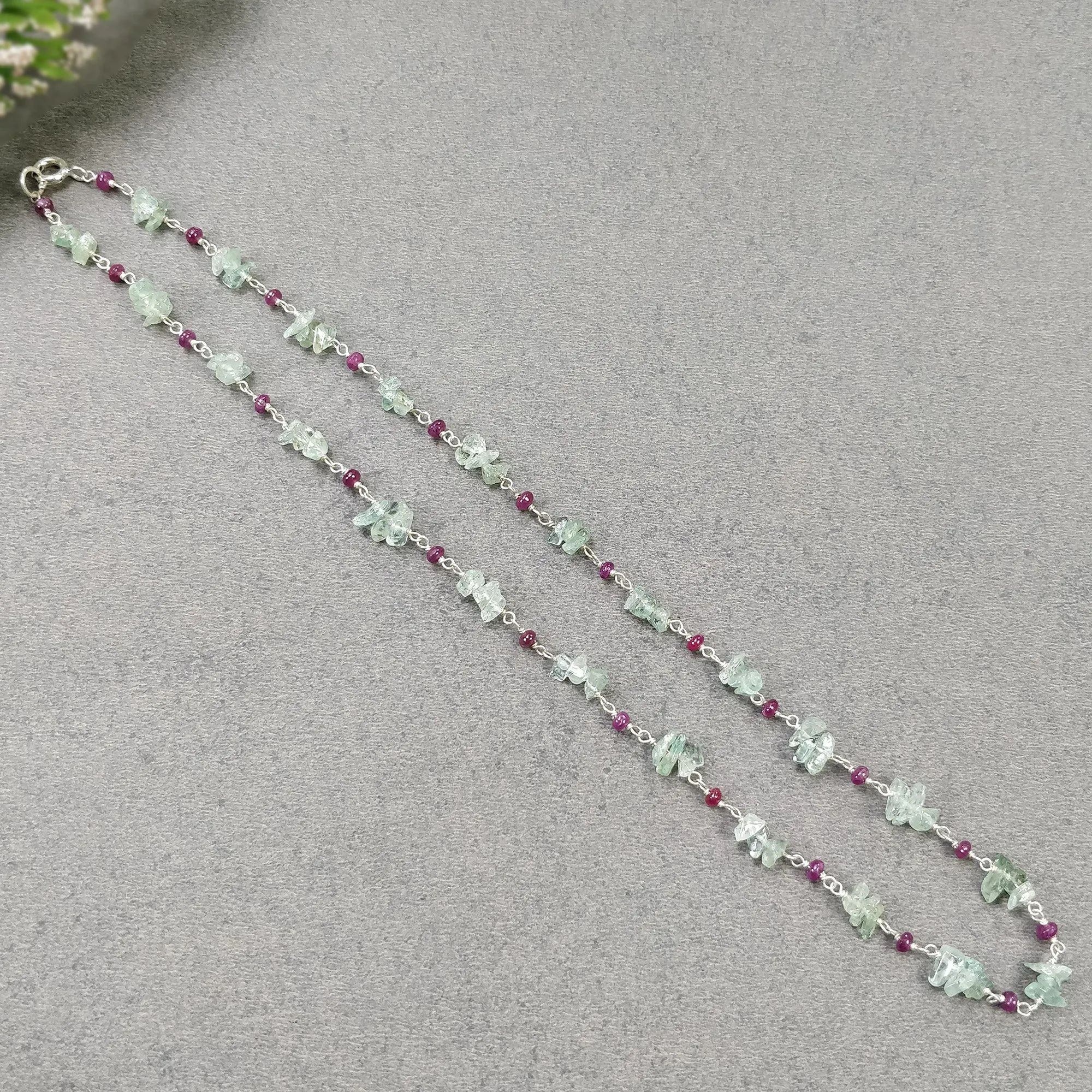 EMERALD And RUBY Gemstones Raw Uncut Beads : 925 Sterling Silver Natural Emerald Ruby Chain NECKLACE 16" Statement Gift For Her