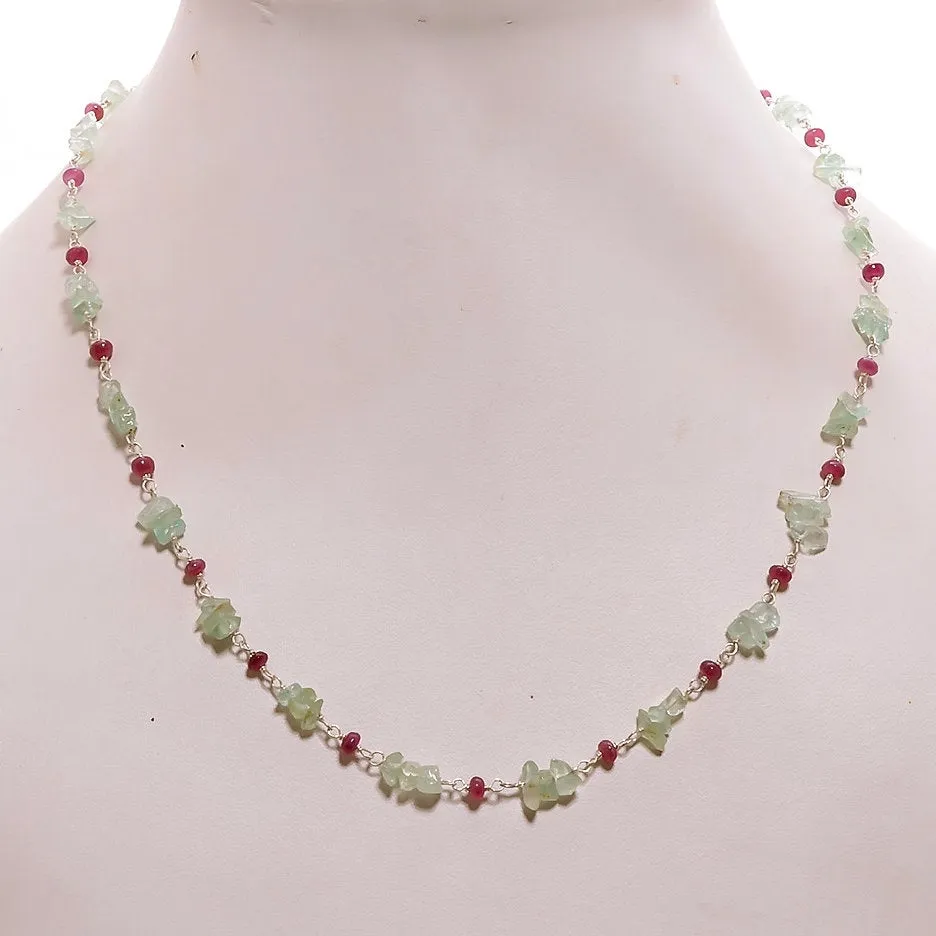 EMERALD And RUBY Gemstones Raw Uncut Beads : 925 Sterling Silver Natural Emerald Ruby Chain NECKLACE 16" Statement Gift For Her