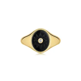 Evil Eye Signet Ring with Black Turquoise & Cz Center Stone