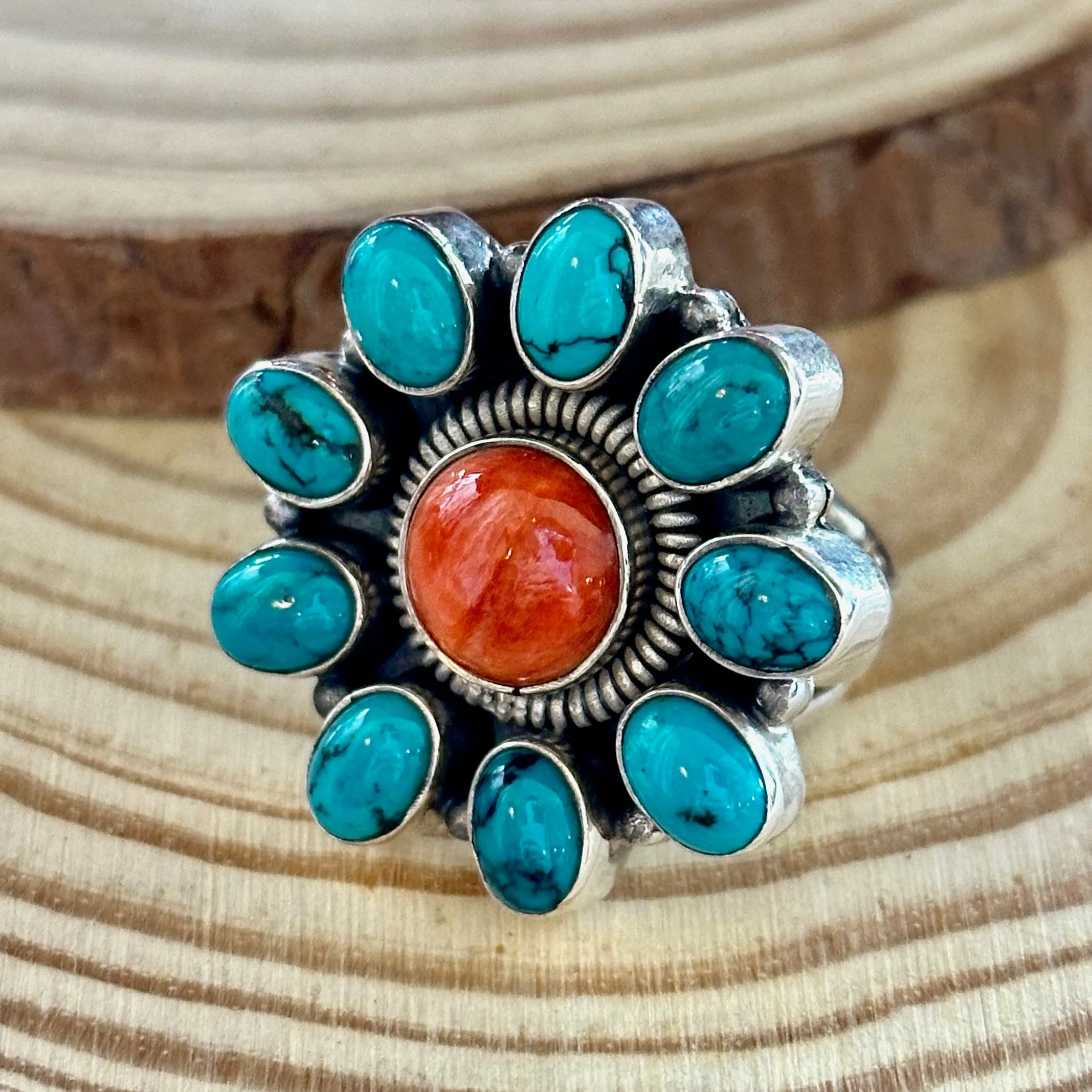 FLOWER POWER Navajo Spiny Oyster & Kingman Turquoise Sterling Silver Ring  Size 7