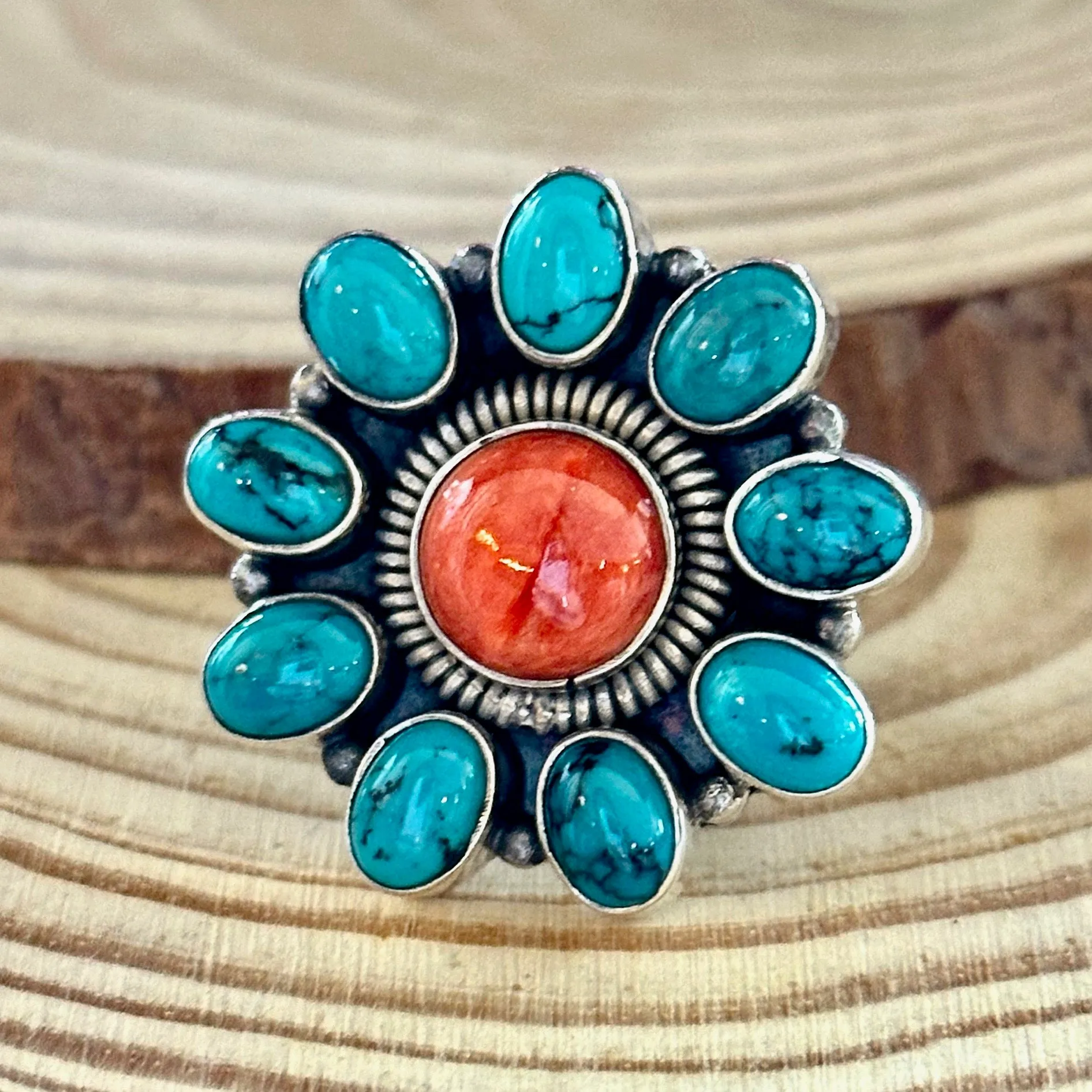 FLOWER POWER Navajo Spiny Oyster & Kingman Turquoise Sterling Silver Ring  Size 7