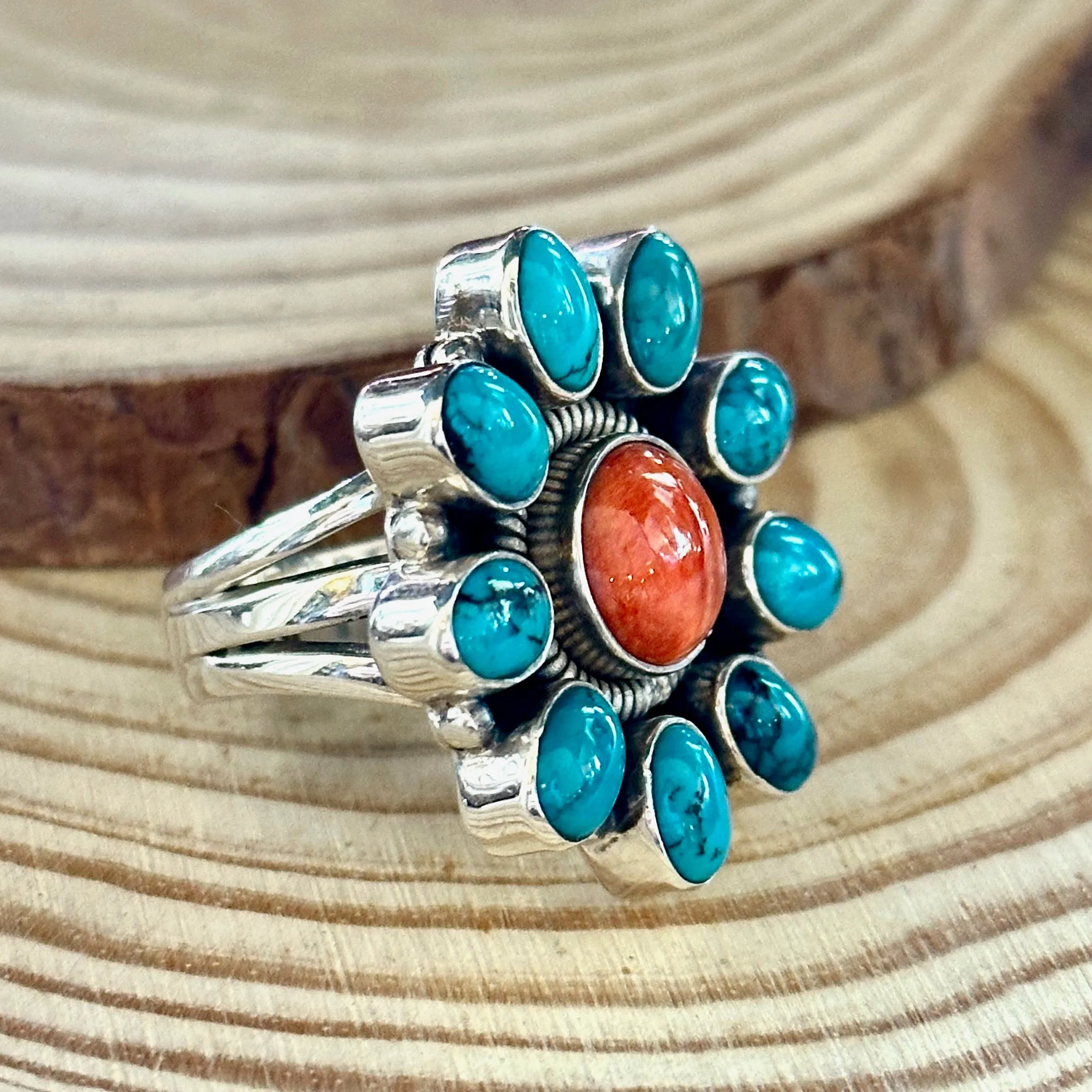 FLOWER POWER Navajo Spiny Oyster & Kingman Turquoise Sterling Silver Ring  Size 7