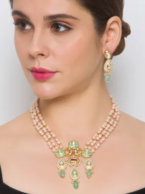 Golden, Mint Green, Creamy Pink Pearls,, Kundan  Necklace Set