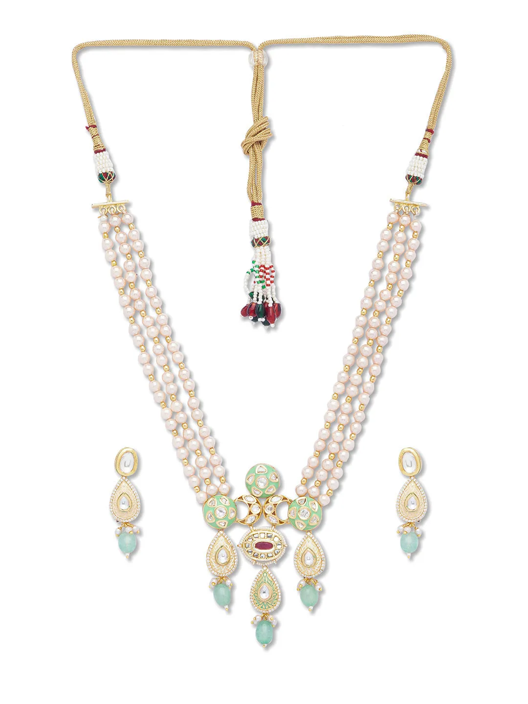 Golden, Mint Green, Creamy Pink Pearls,, Kundan  Necklace Set