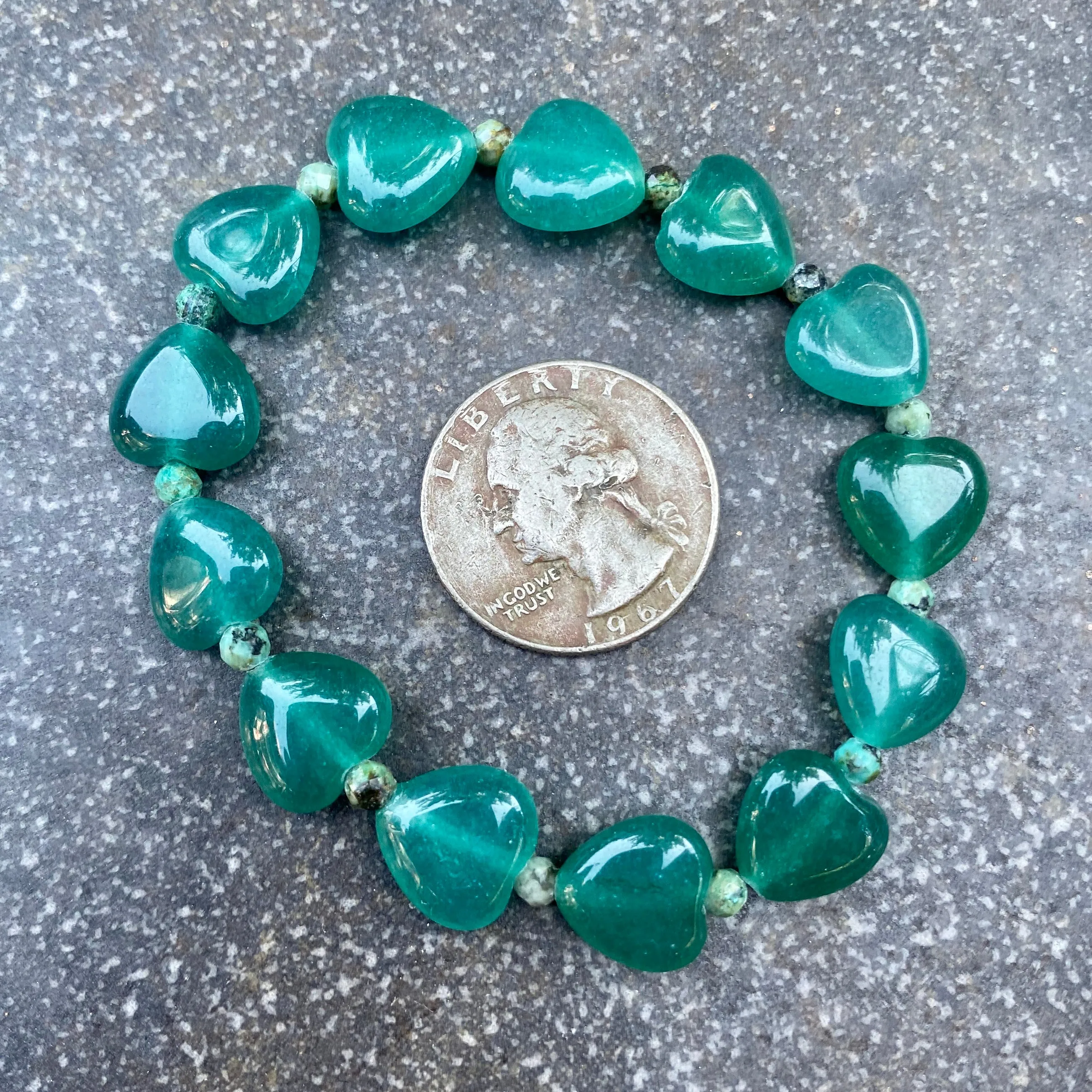 Green Onyx Hearts and Turquoise Stretch Bracelet