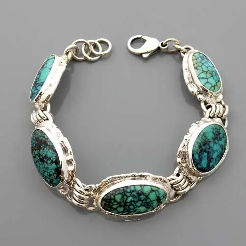 Handmade Adjustable Sterling Silver Tibetan Turquoise Link Bracelet