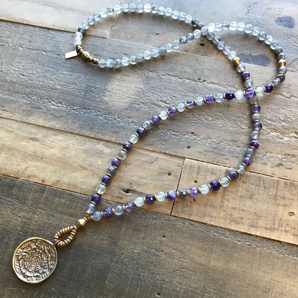 Healing, Cloudy Quartz Crystal and Amethyst Mala Necklace with Tibetan Calendar Pendant