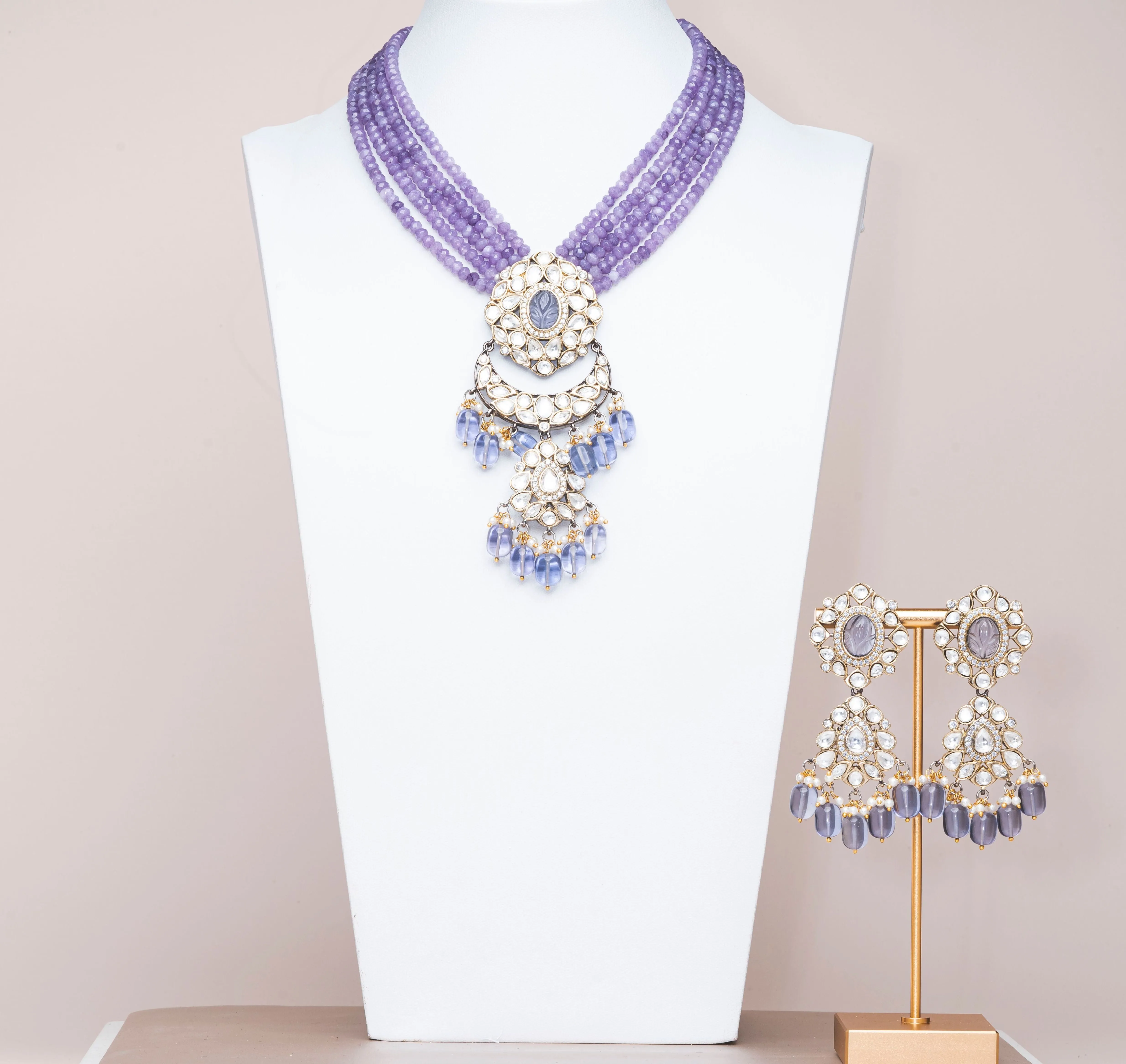 Inas Purple Luxury Mala & Earring Set By Jaipur Rose Luxury Indian Jewelry Online