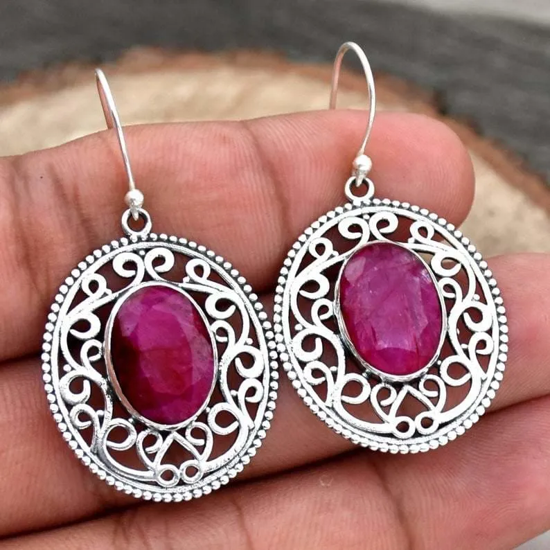 Indian Ruby 925 Sterling Silver Nickel-Free Statement Earrings, July Birthstone,Handcrafted Jewelry