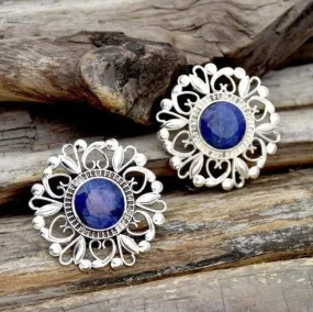 Indian Sapphire Stud 925 Sterling Silver Earrings,Fine Handmade Jewelry, For Girls