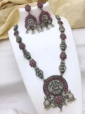 Indian Traditional Goddess Lakshmi And Peacock Pendant Oxidized Long Chain Set Made With Brass And Copper