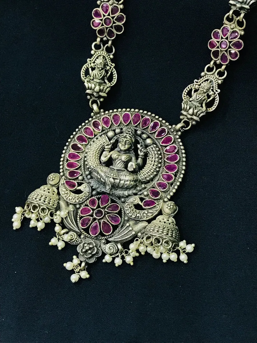 Indian Traditional Goddess Lakshmi And Peacock Pendant Oxidized Long Chain Set Made With Brass And Copper