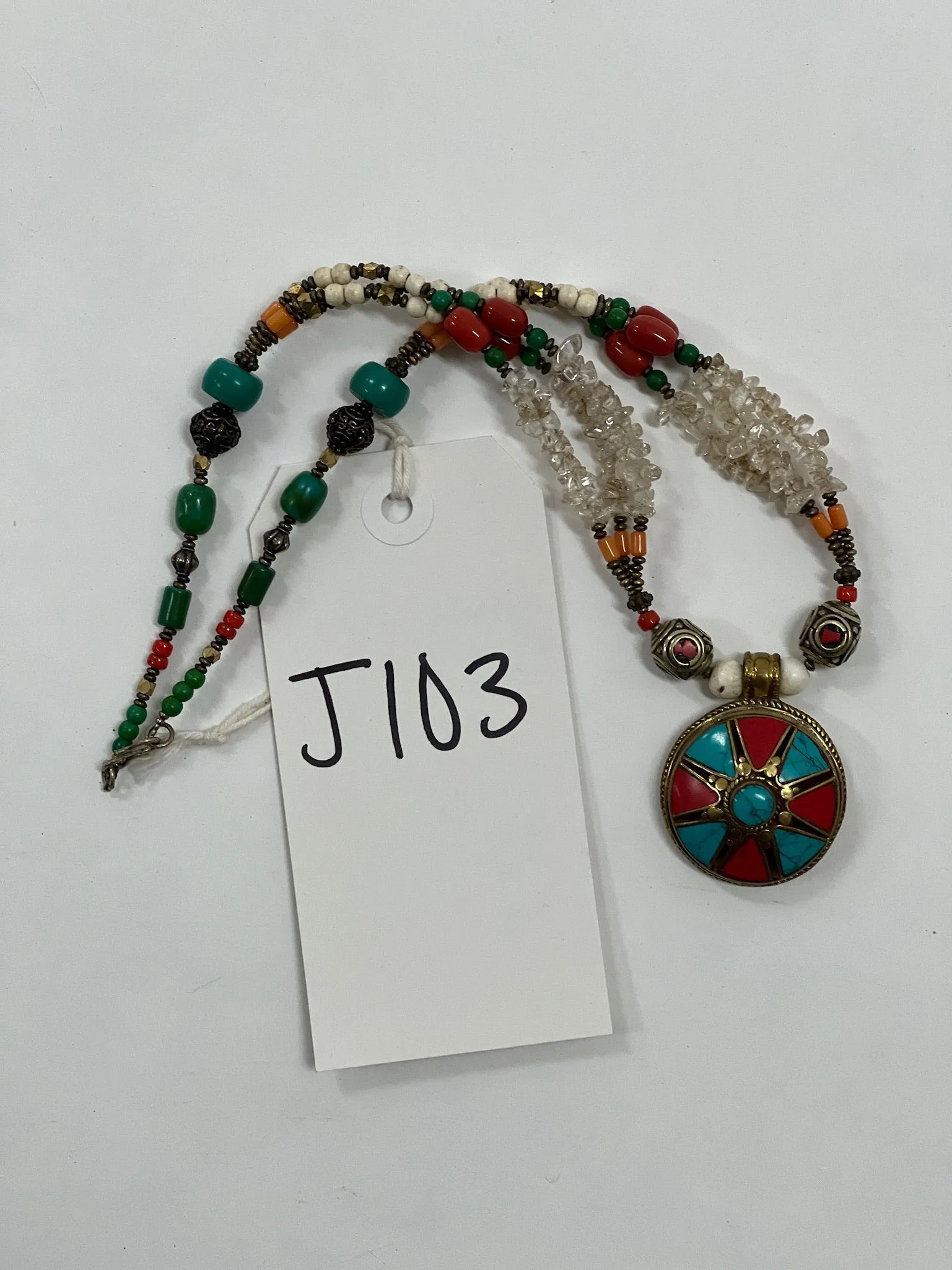 J103 Tibetan Inspired Stone Inlaid Pendant Necklace