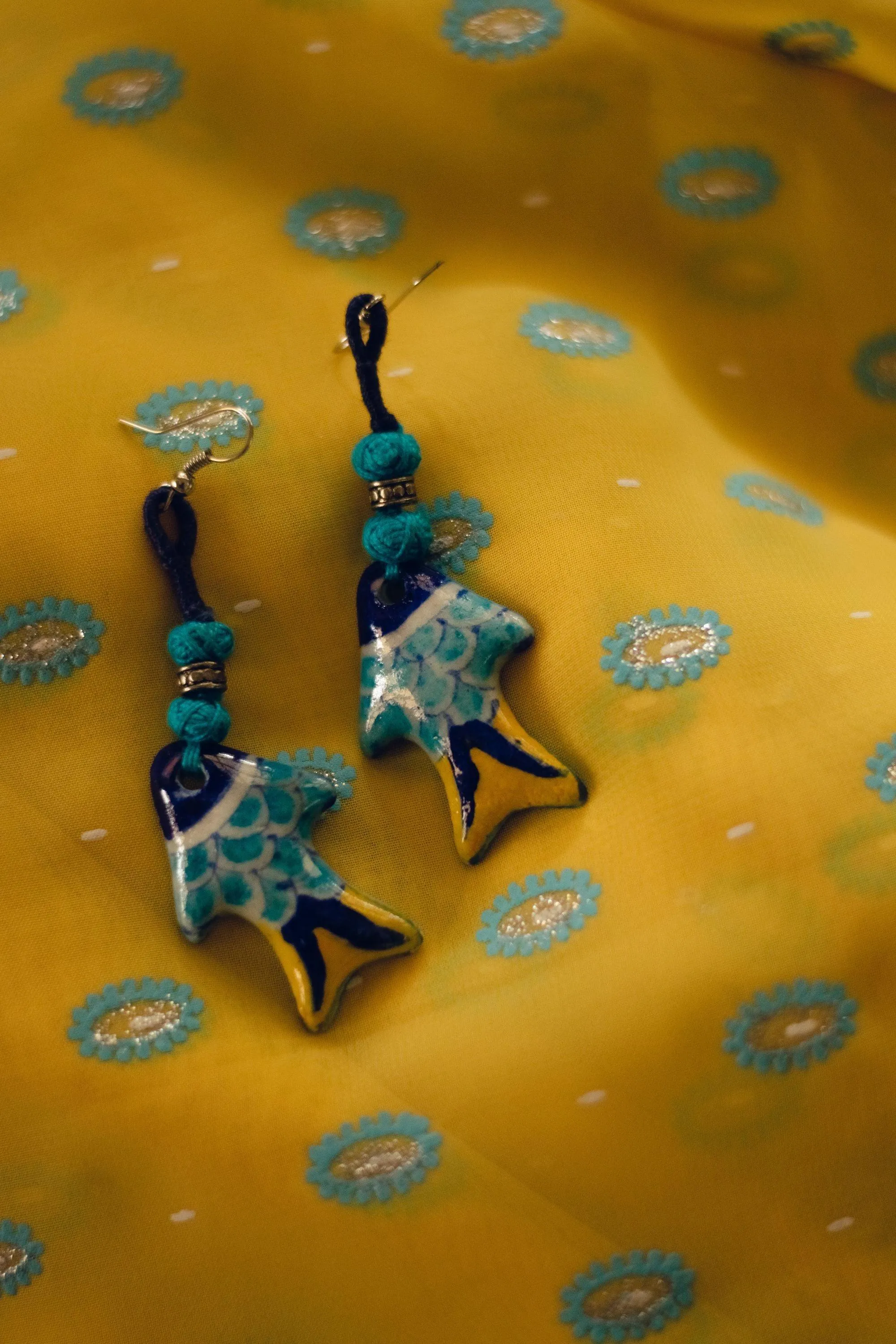 Kaisori Blue Pottery Earrings - Fish earring blue and yellow