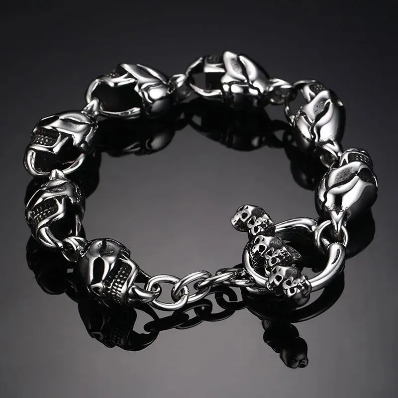 Large Heavy Stainless Steel Gothic Skull Biker Men Bangle Bracelet, Black Silver