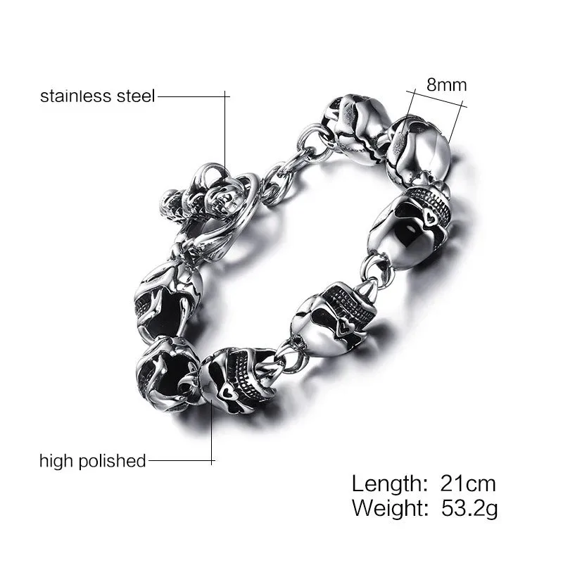 Large Heavy Stainless Steel Gothic Skull Biker Men Bangle Bracelet, Black Silver