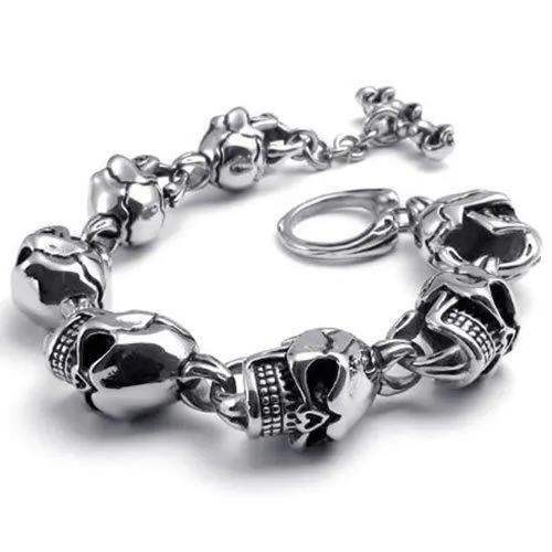 Large Heavy Stainless Steel Gothic Skull Biker Men Bangle Bracelet, Black Silver