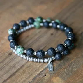 Lava Rock and African Turquoise Men's Wrap Bracelet, Throat Chakra Bracelet