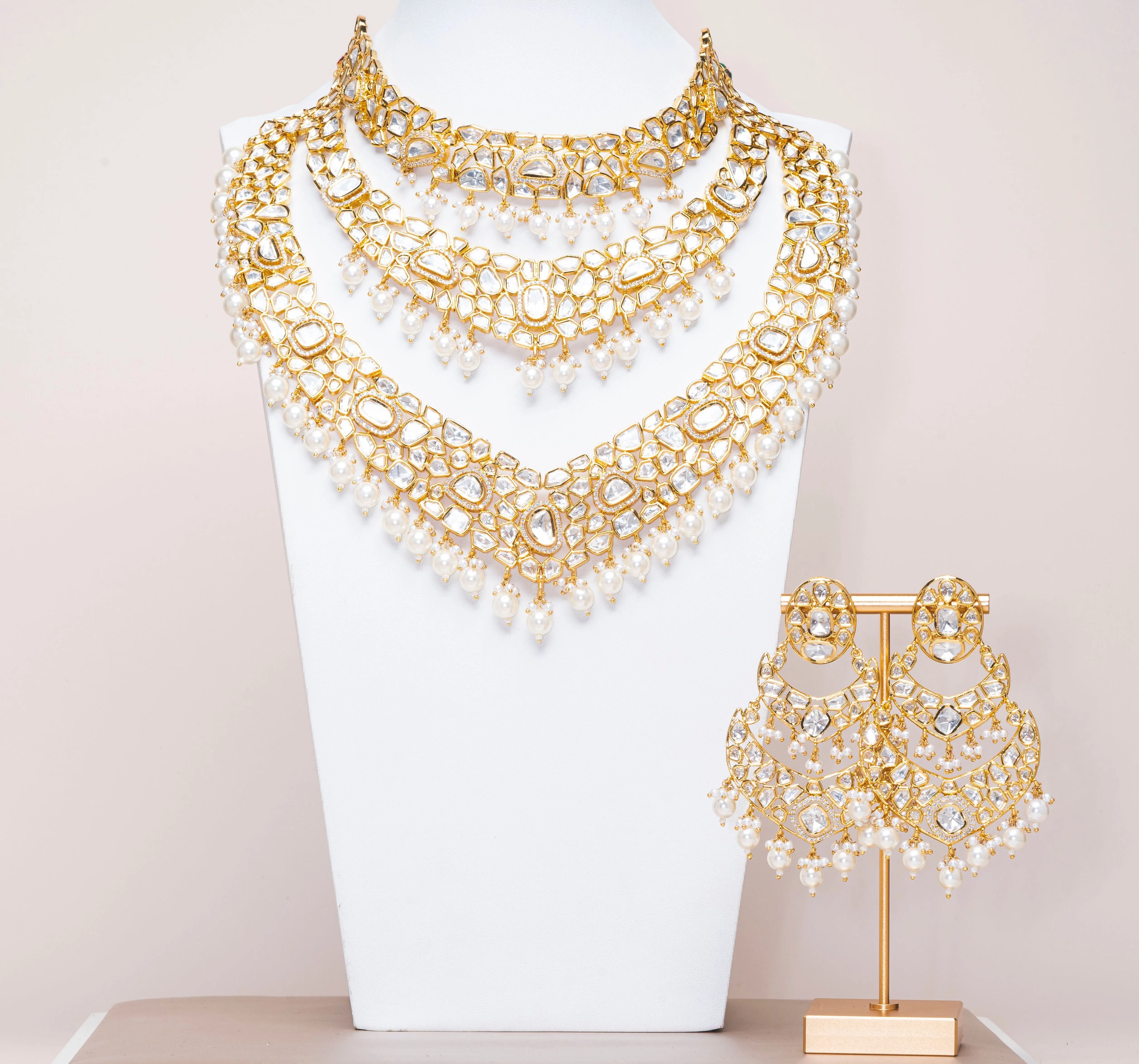 Lavanya Moissanite Yellow Gold Luxury Necklace & Earring Set By Jaipur Rose Luxury Indian Jewelry Online